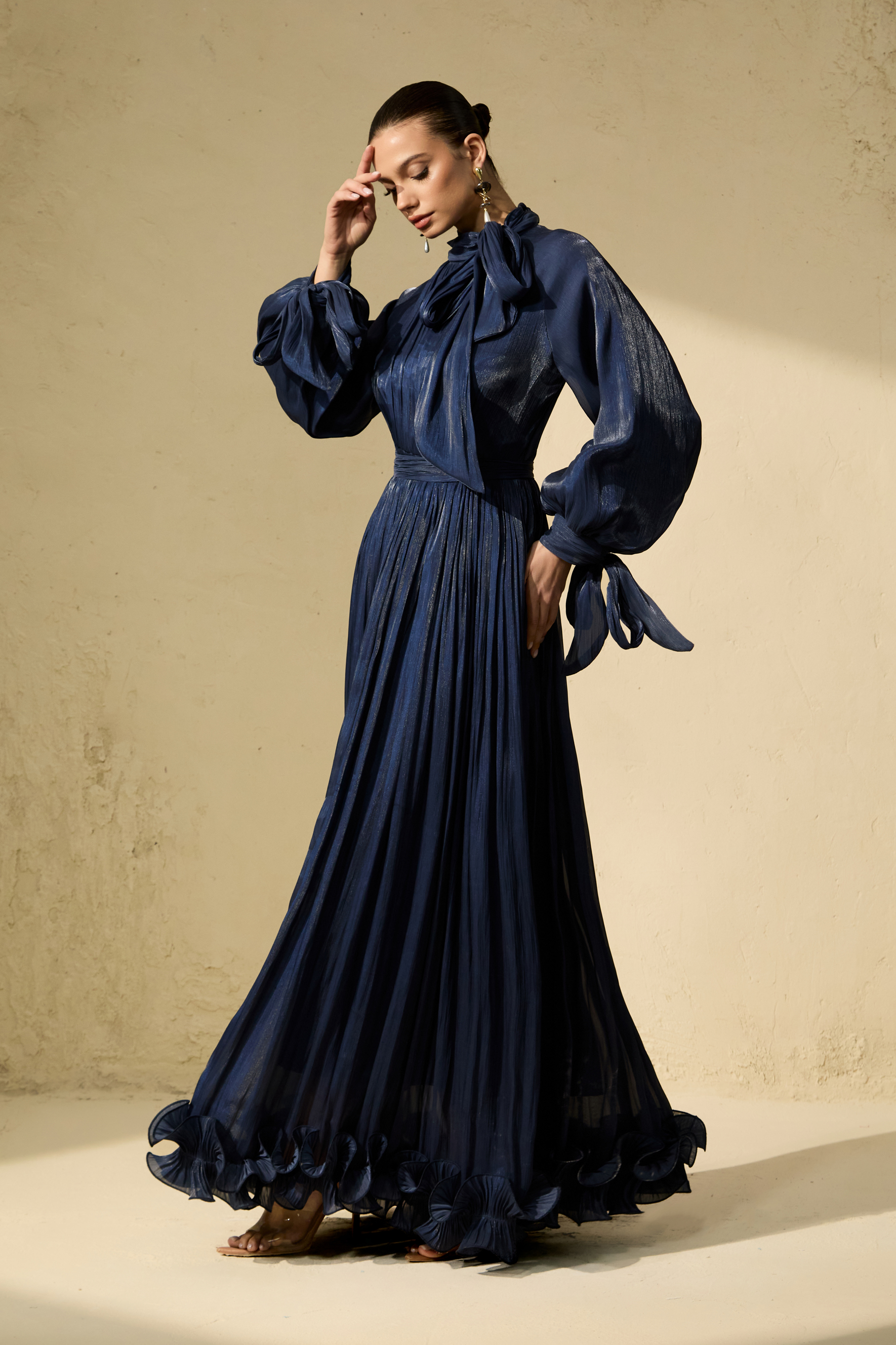 Gorgeous Presence Blue Pleated Ruffle Hem Maxi Dress