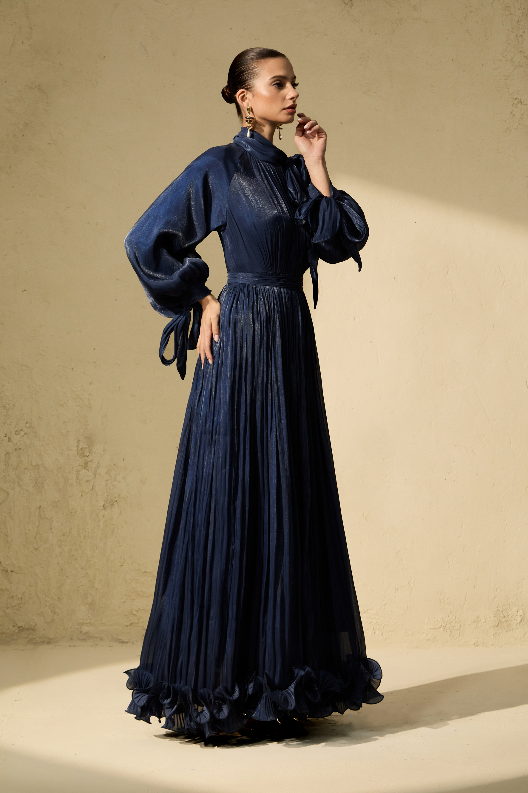 Gorgeous Presence Blue Pleated Ruffle Hem Maxi Dress