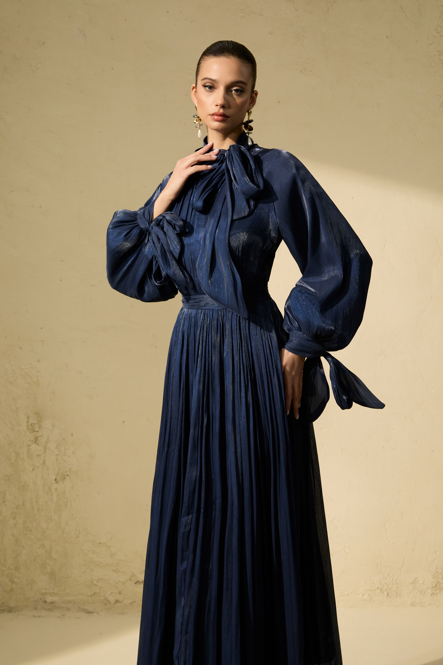 Gorgeous Presence Blue Pleated Ruffle Hem Maxi Dress