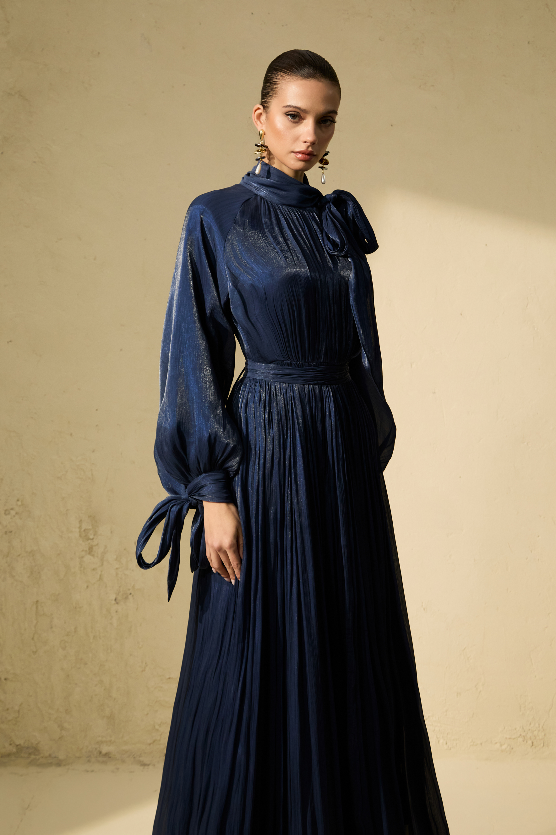 Gorgeous Presence Blue Pleated Ruffle Hem Maxi Dress