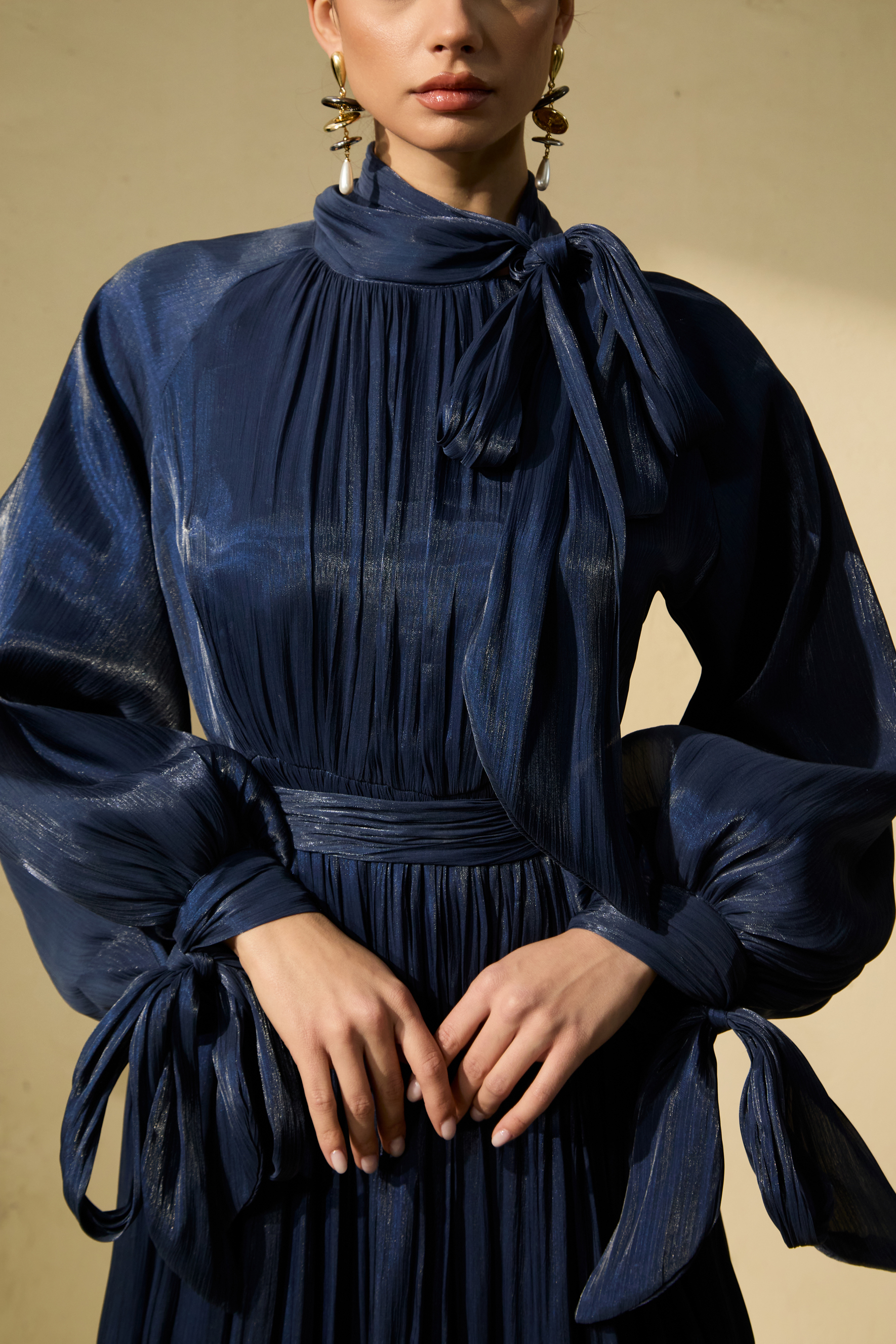 Gorgeous Presence Blue Pleated Ruffle Hem Maxi Dress