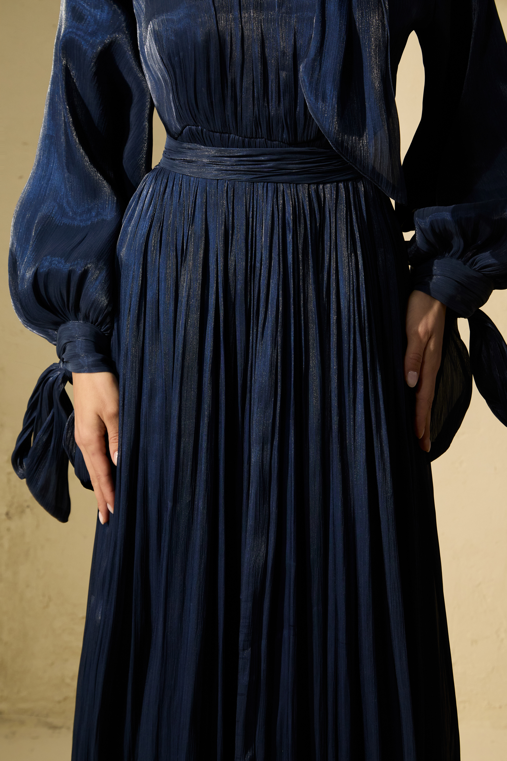 Gorgeous Presence Blue Pleated Ruffle Hem Maxi Dress