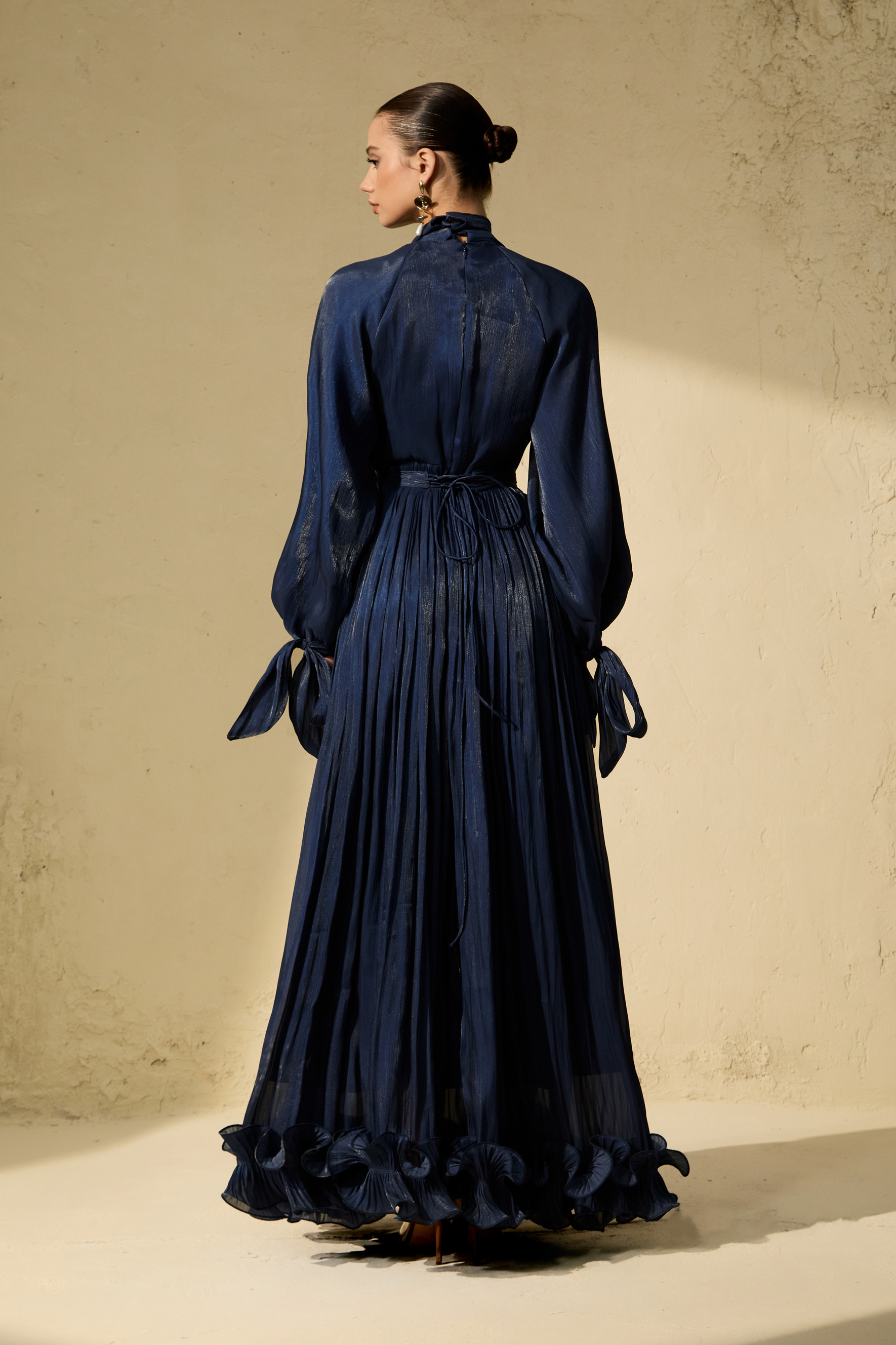 Gorgeous Presence Blue Pleated Ruffle Hem Maxi Dress