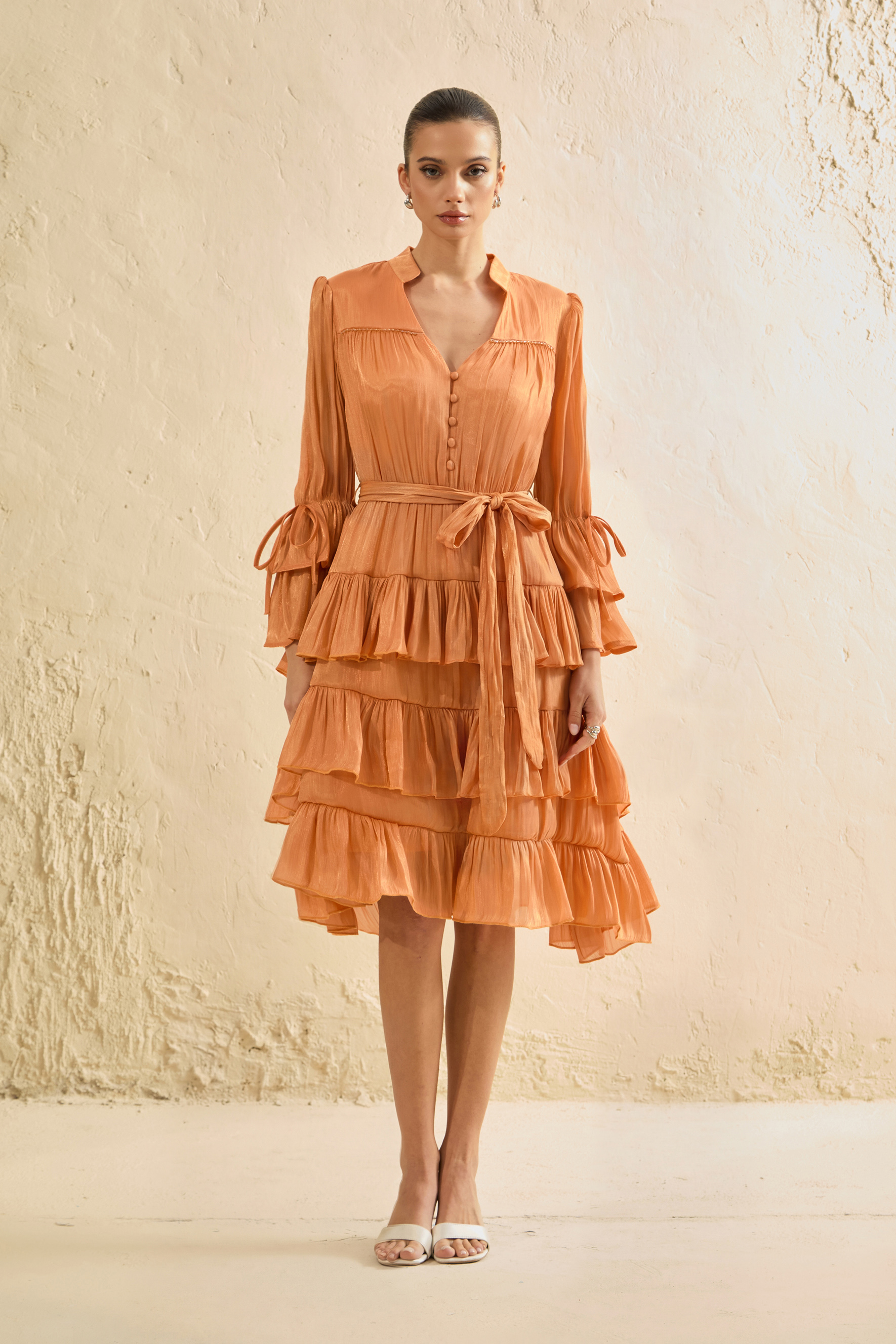 Keep It Interesting Orange V-Neck Tiered Ruffle Midi Dress
