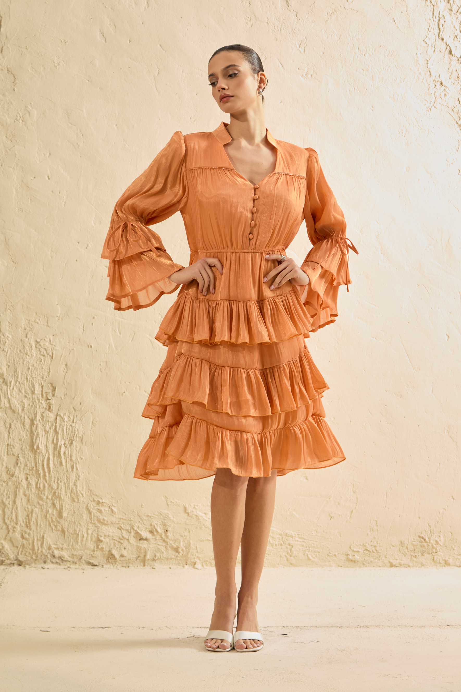 Keep It Interesting Orange V-Neck Tiered Ruffle Midi Dress