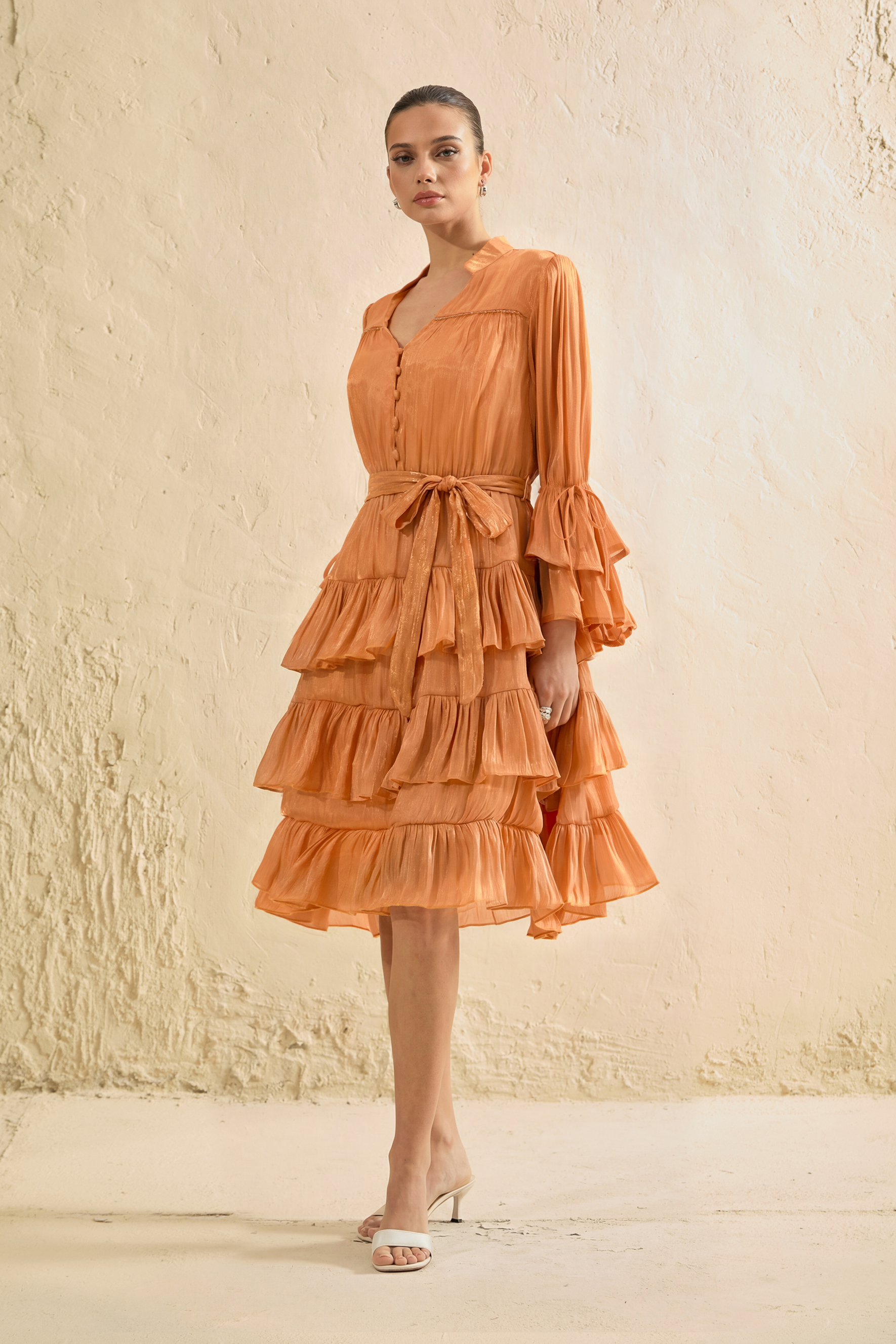 Keep It Interesting Orange V-Neck Tiered Ruffle Midi Dress