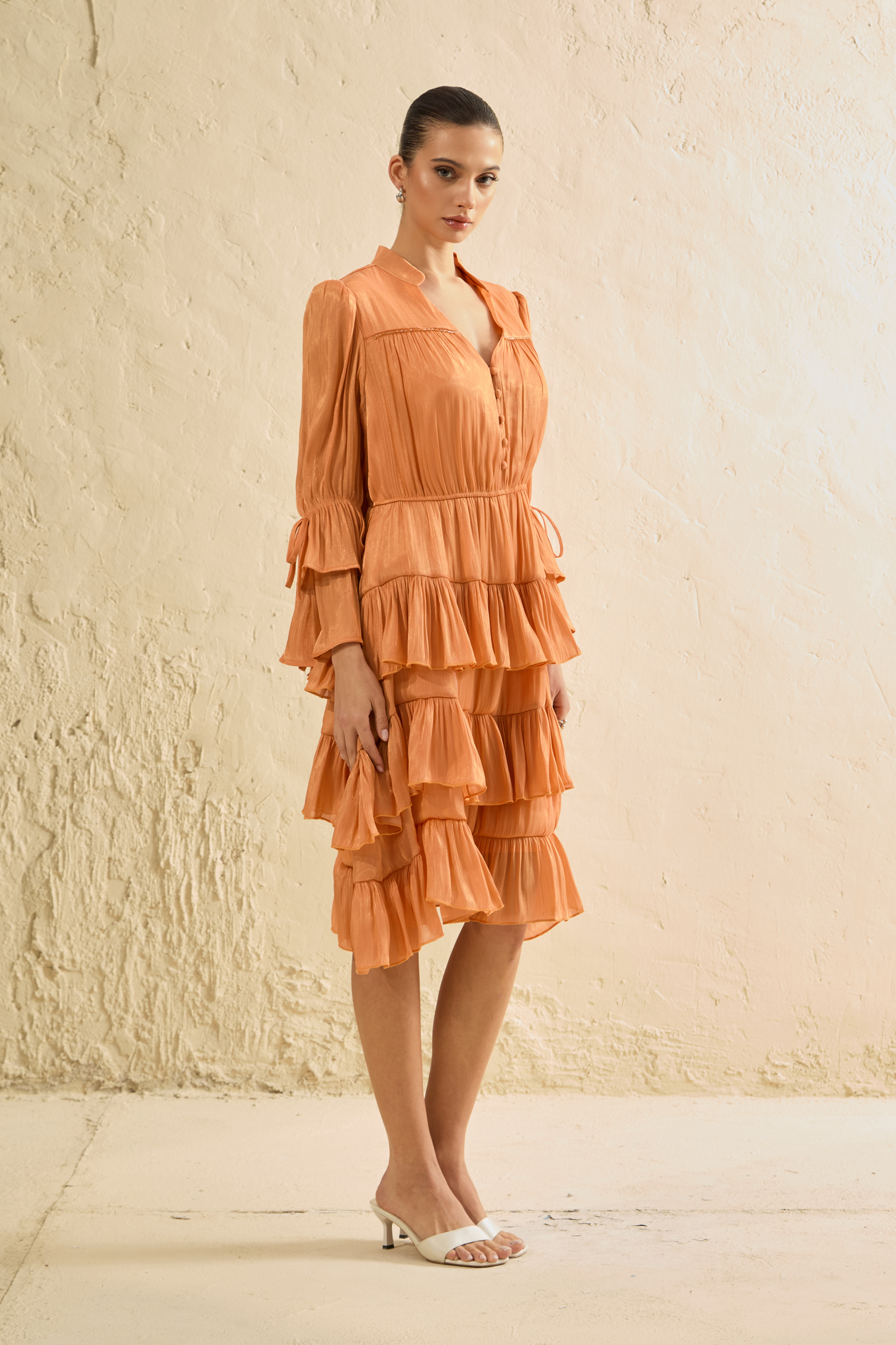 Keep It Interesting Orange V-Neck Tiered Ruffle Midi Dress