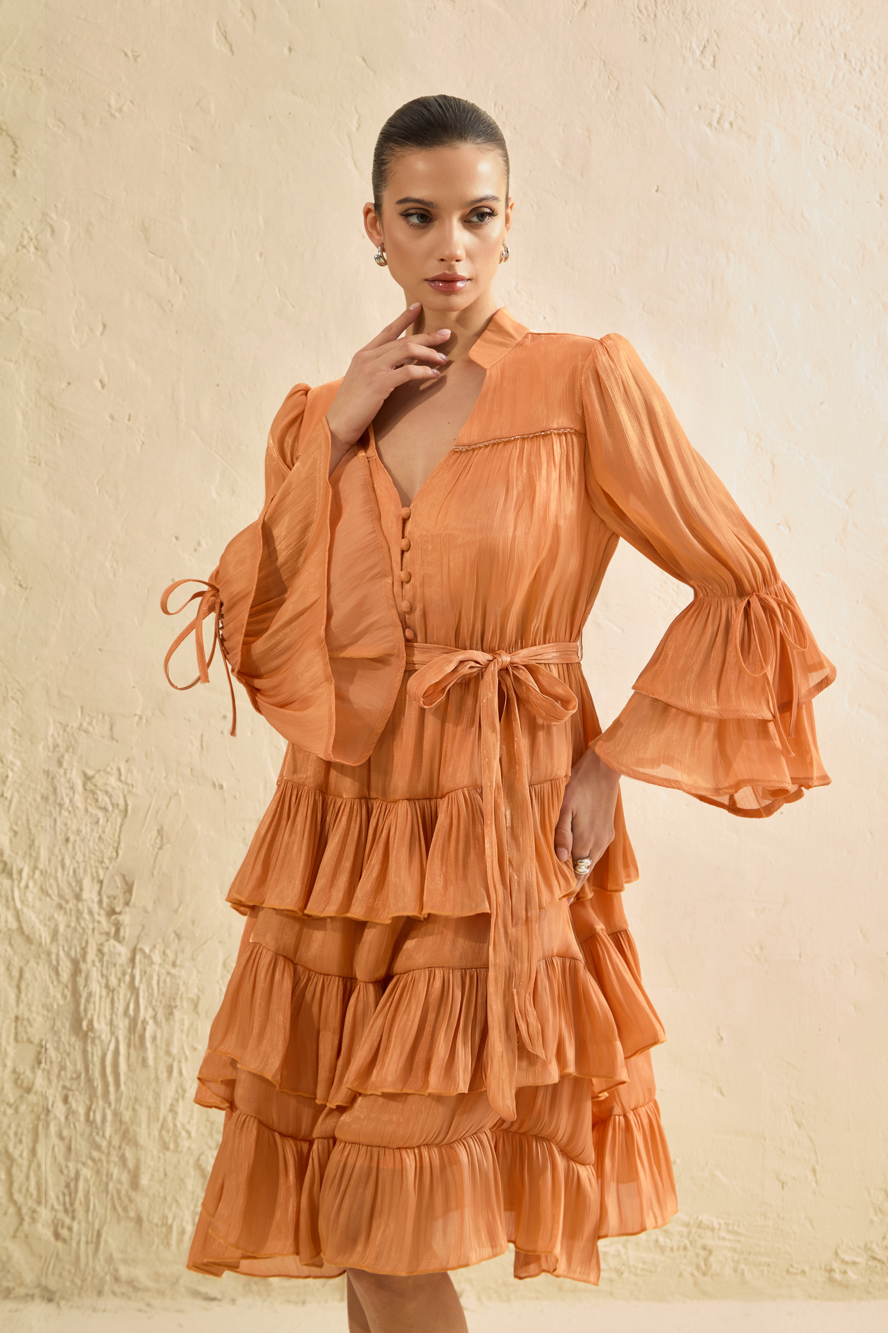 Keep It Interesting Orange V-Neck Tiered Ruffle Midi Dress
