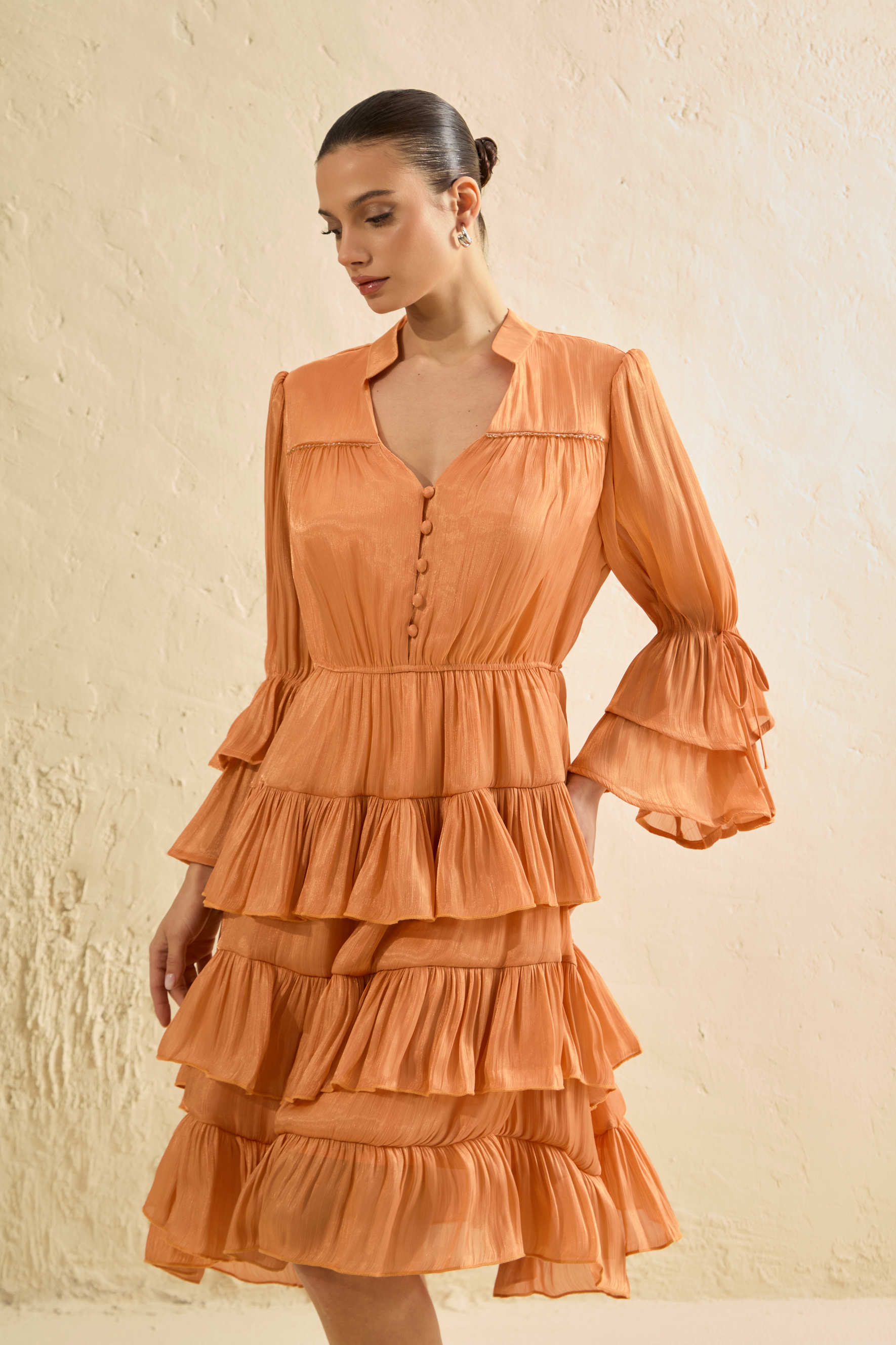Keep It Interesting Orange V-Neck Tiered Ruffle Midi Dress