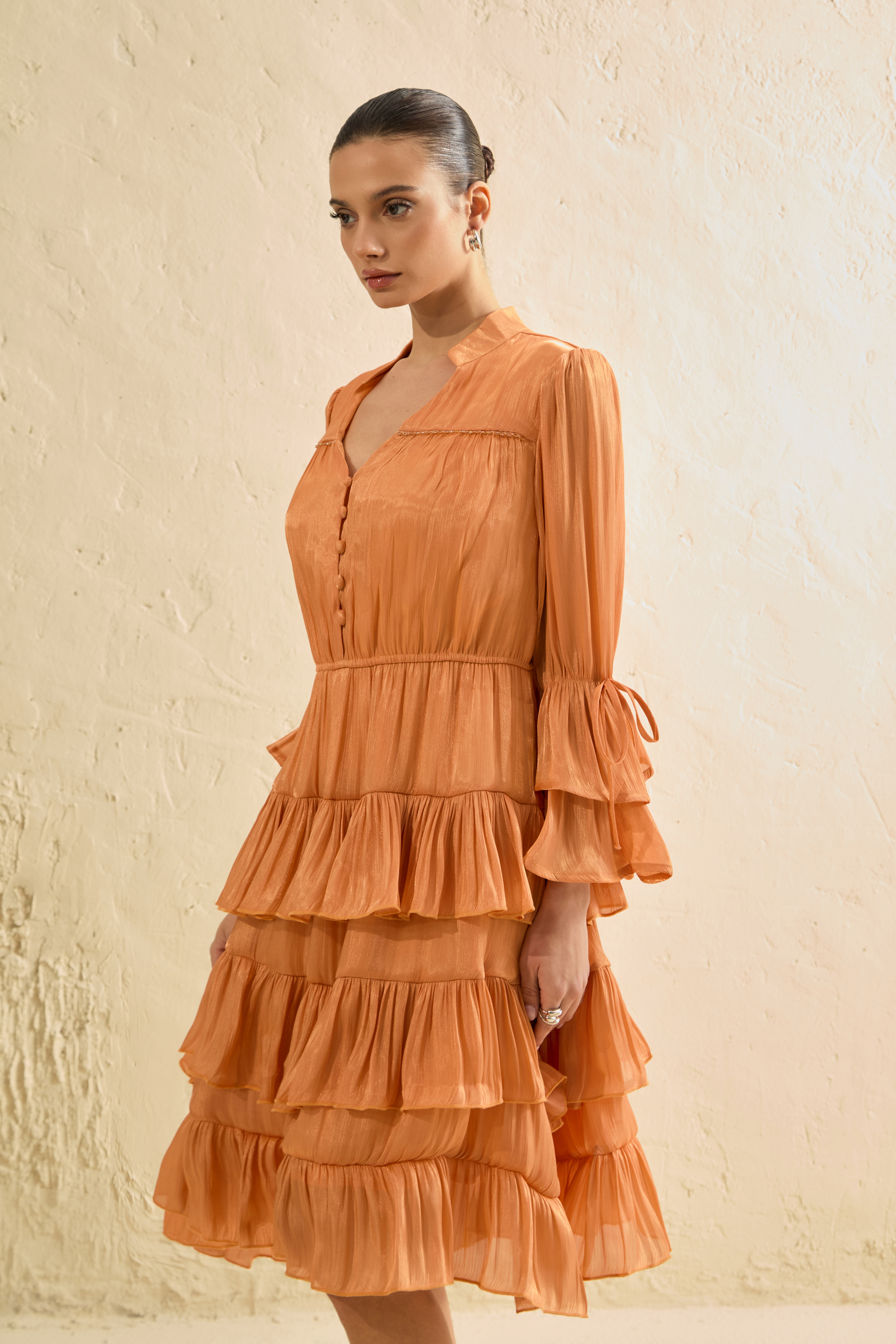 Keep It Interesting Orange V-Neck Tiered Ruffle Midi Dress