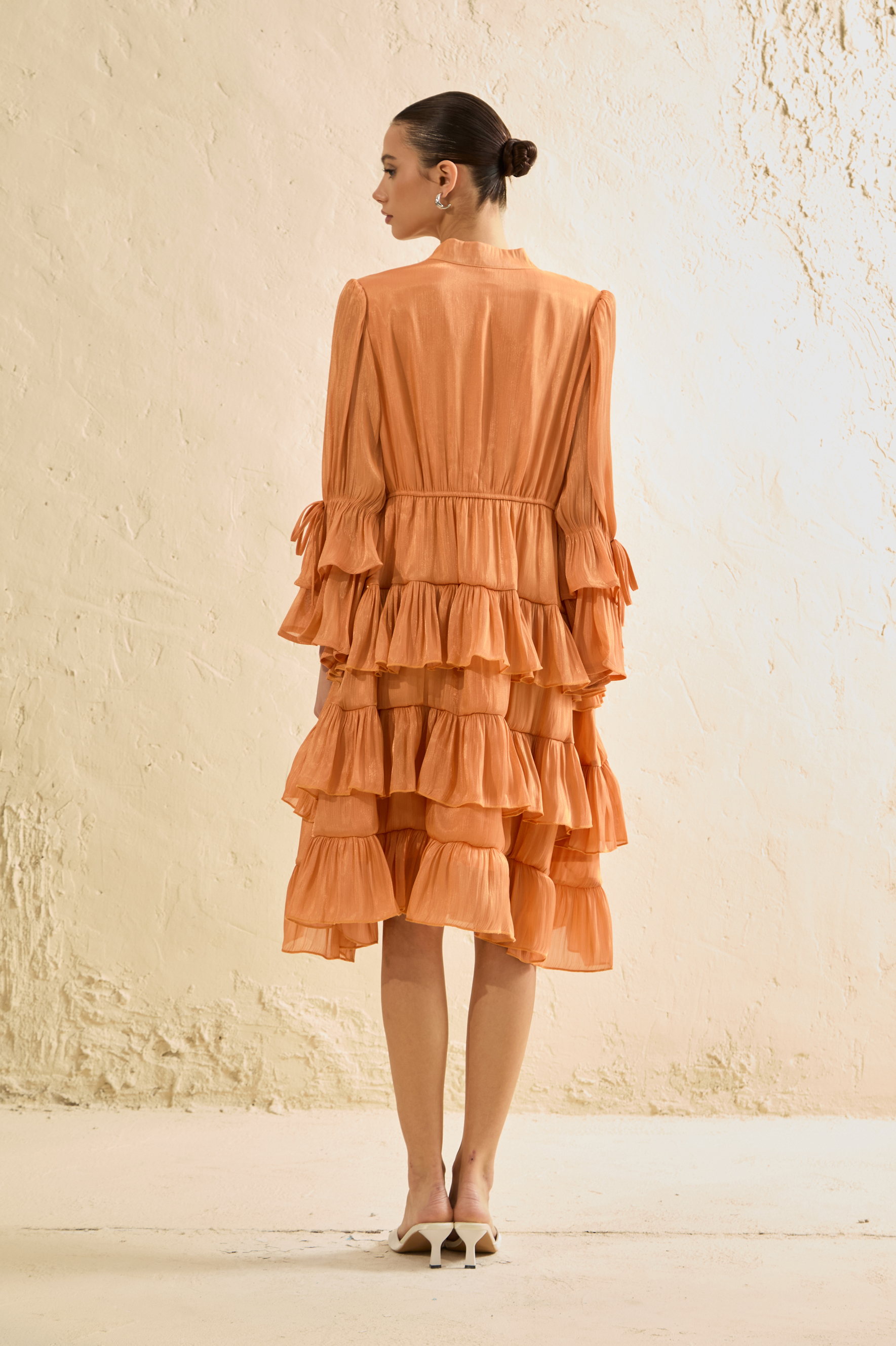 Keep It Interesting Orange V-Neck Tiered Ruffle Midi Dress