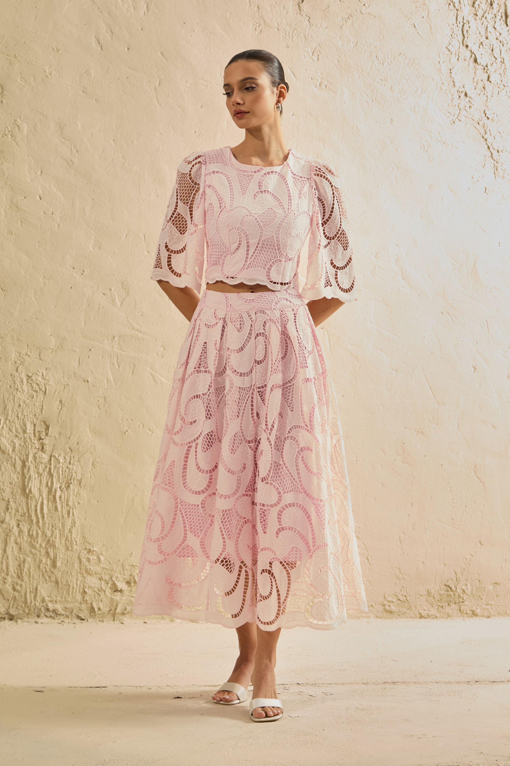 Spellbound By You Pink Lace Bell Sleeve Top & Midi Skirt Set