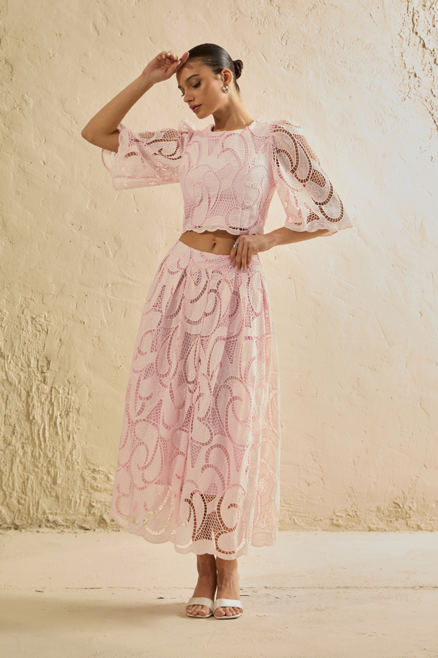 Spellbound By You Pink Lace Bell Sleeve Top & Midi Skirt Set