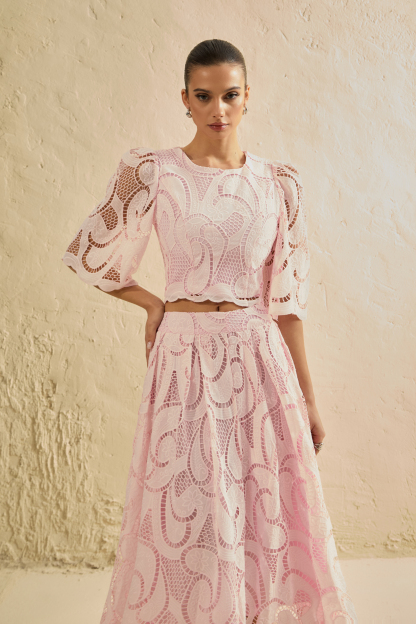 Spellbound By You Pink Lace Bell Sleeve Top & Midi Skirt Set