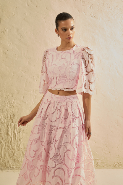 Spellbound By You Pink Lace Bell Sleeve Top & Midi Skirt Set