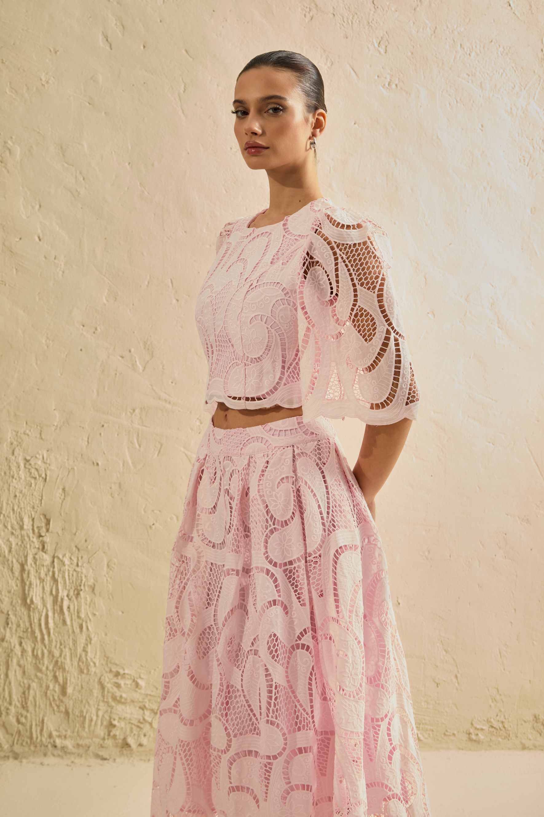 Spellbound By You Pink Lace Bell Sleeve Top & Midi Skirt Set