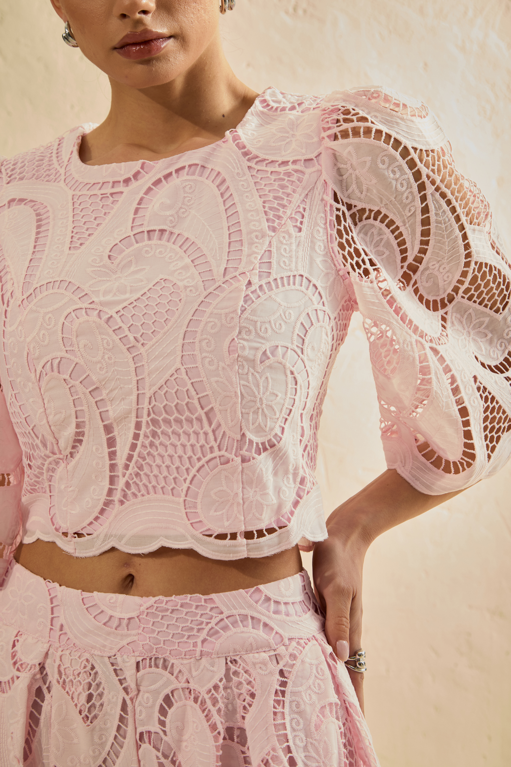 Spellbound By You Pink Lace Bell Sleeve Top & Midi Skirt Set