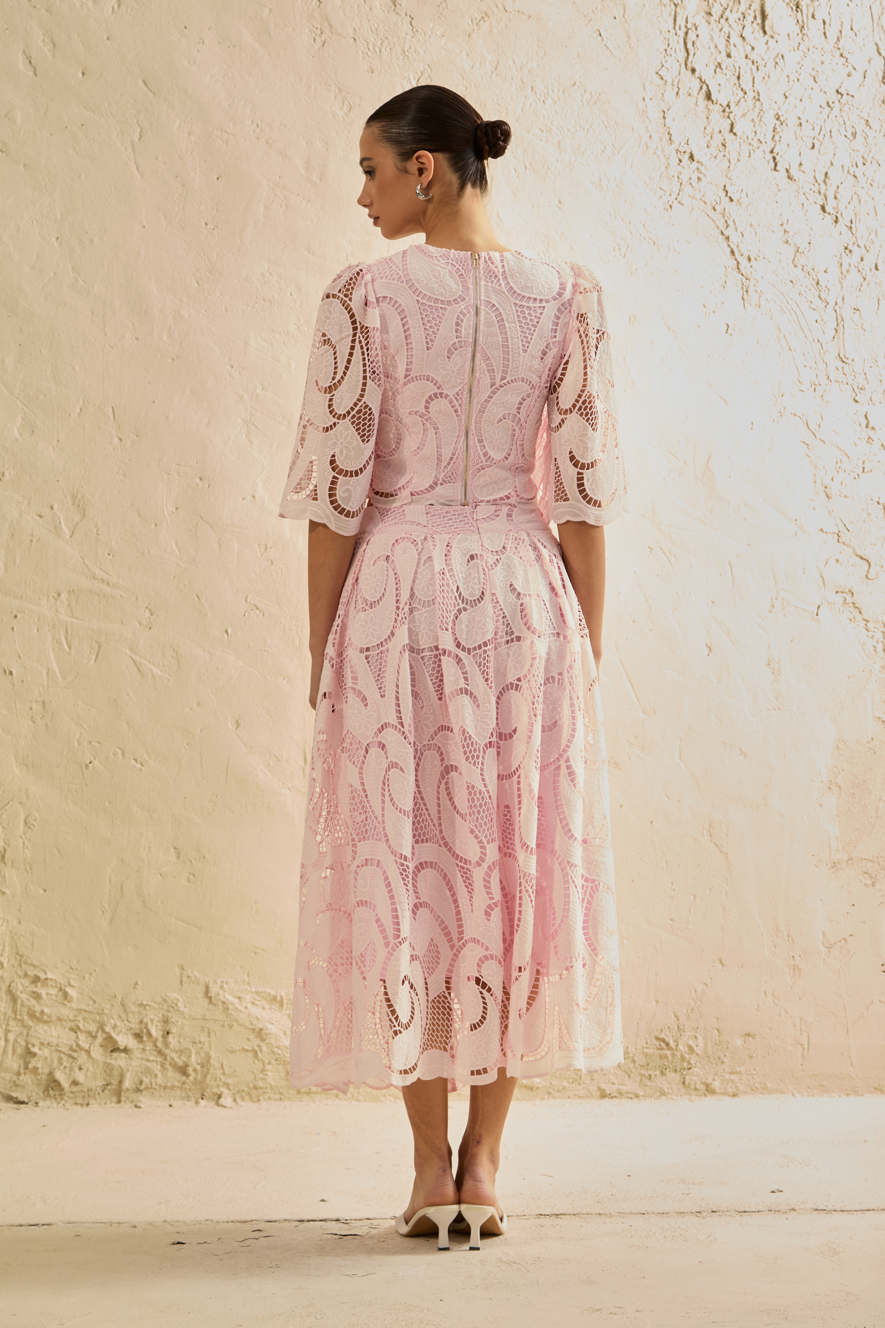 Spellbound By You Pink Lace Bell Sleeve Top & Midi Skirt Set