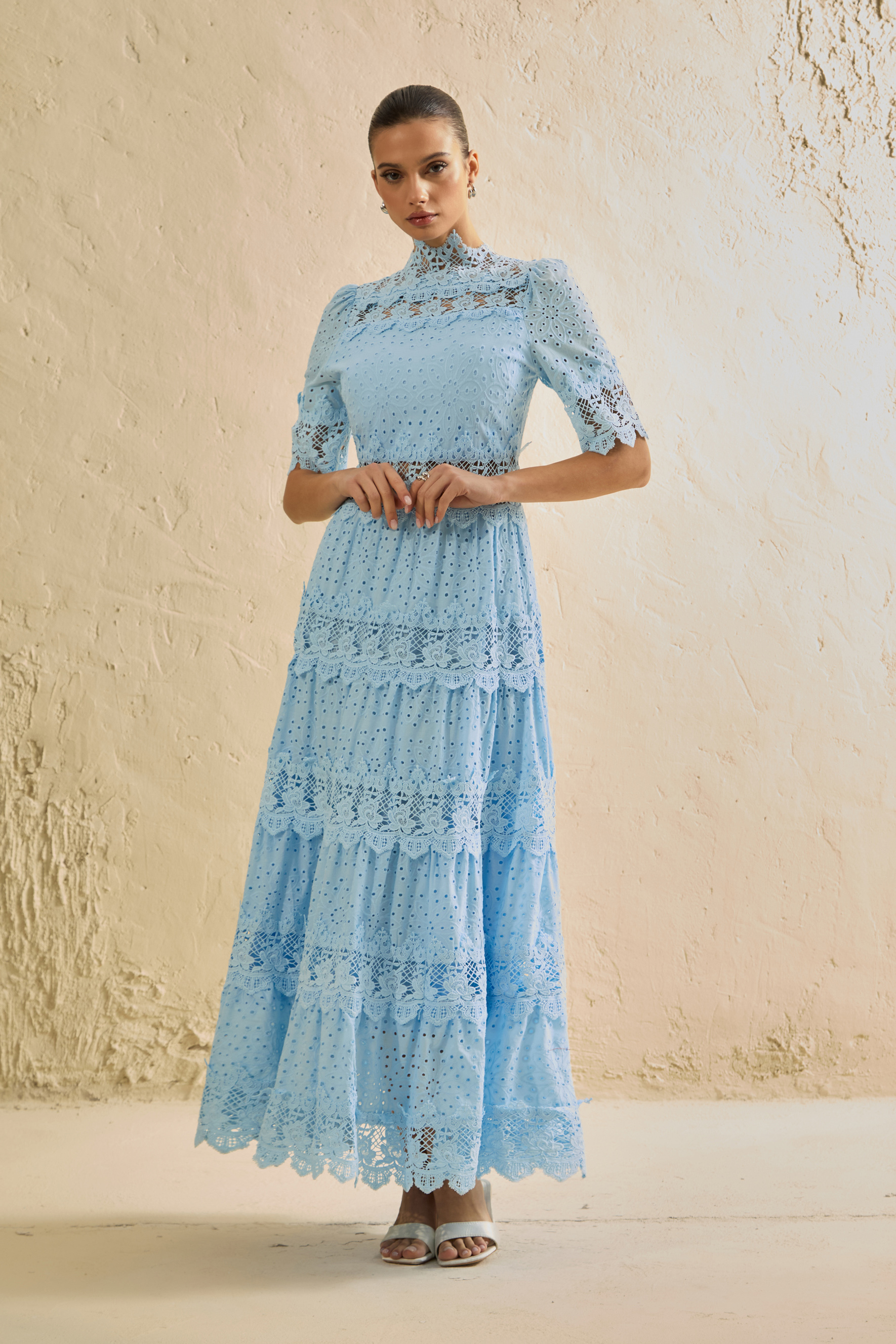 Charming Event Blue Eyelet Lace Tiered Maxi Dress