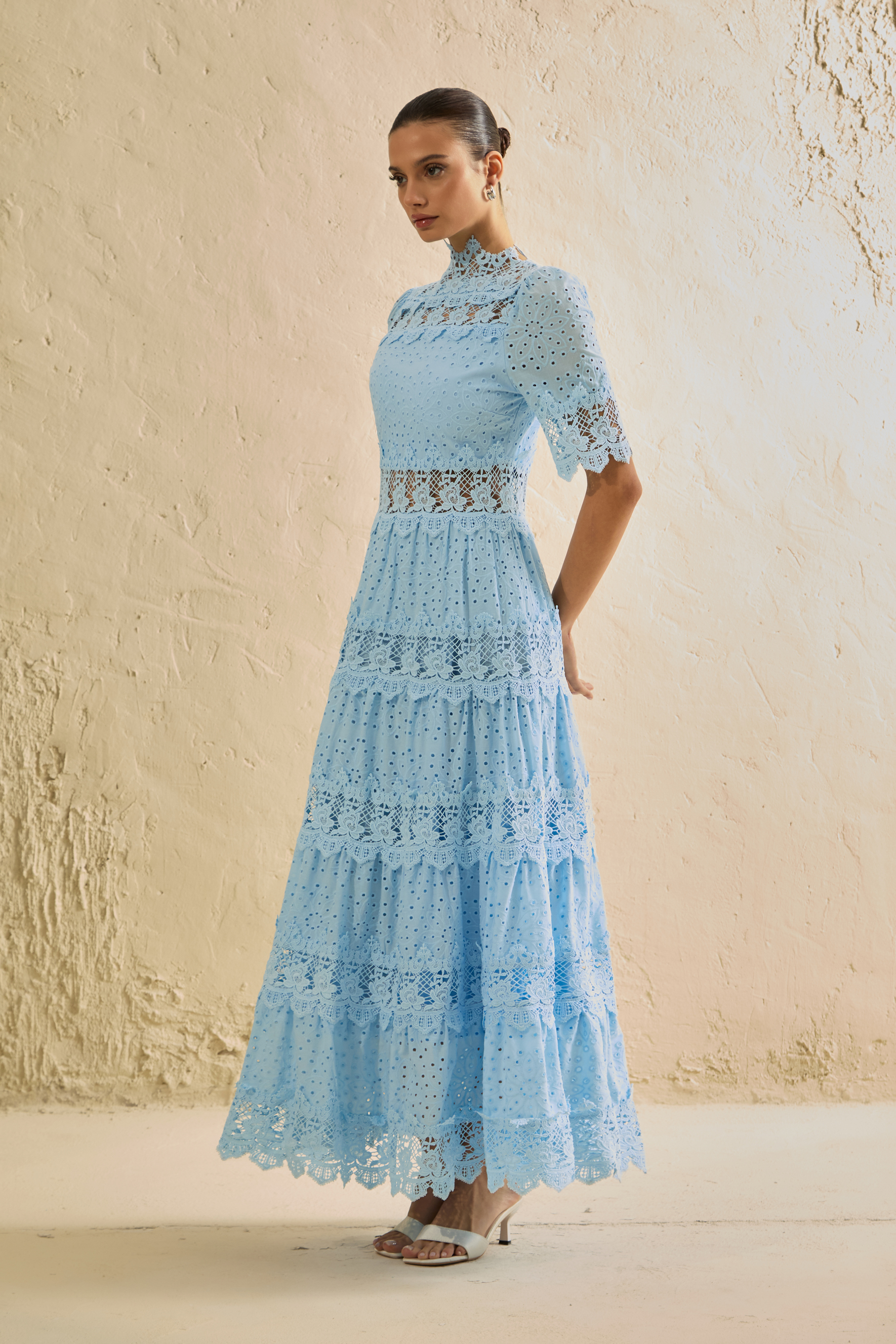 Charming Event Blue Eyelet Lace Tiered Maxi Dress