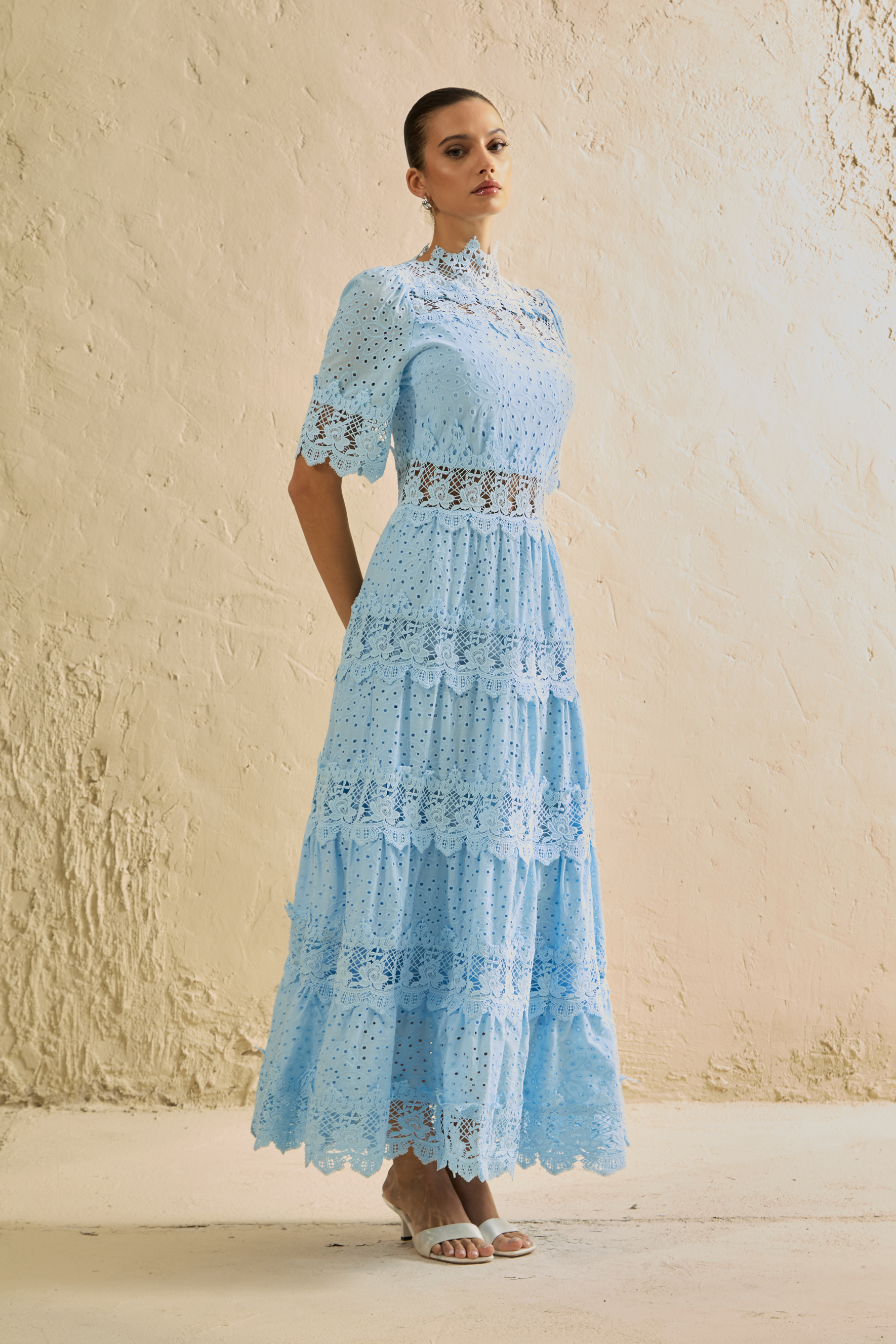 Charming Event Blue Eyelet Lace Tiered Maxi Dress