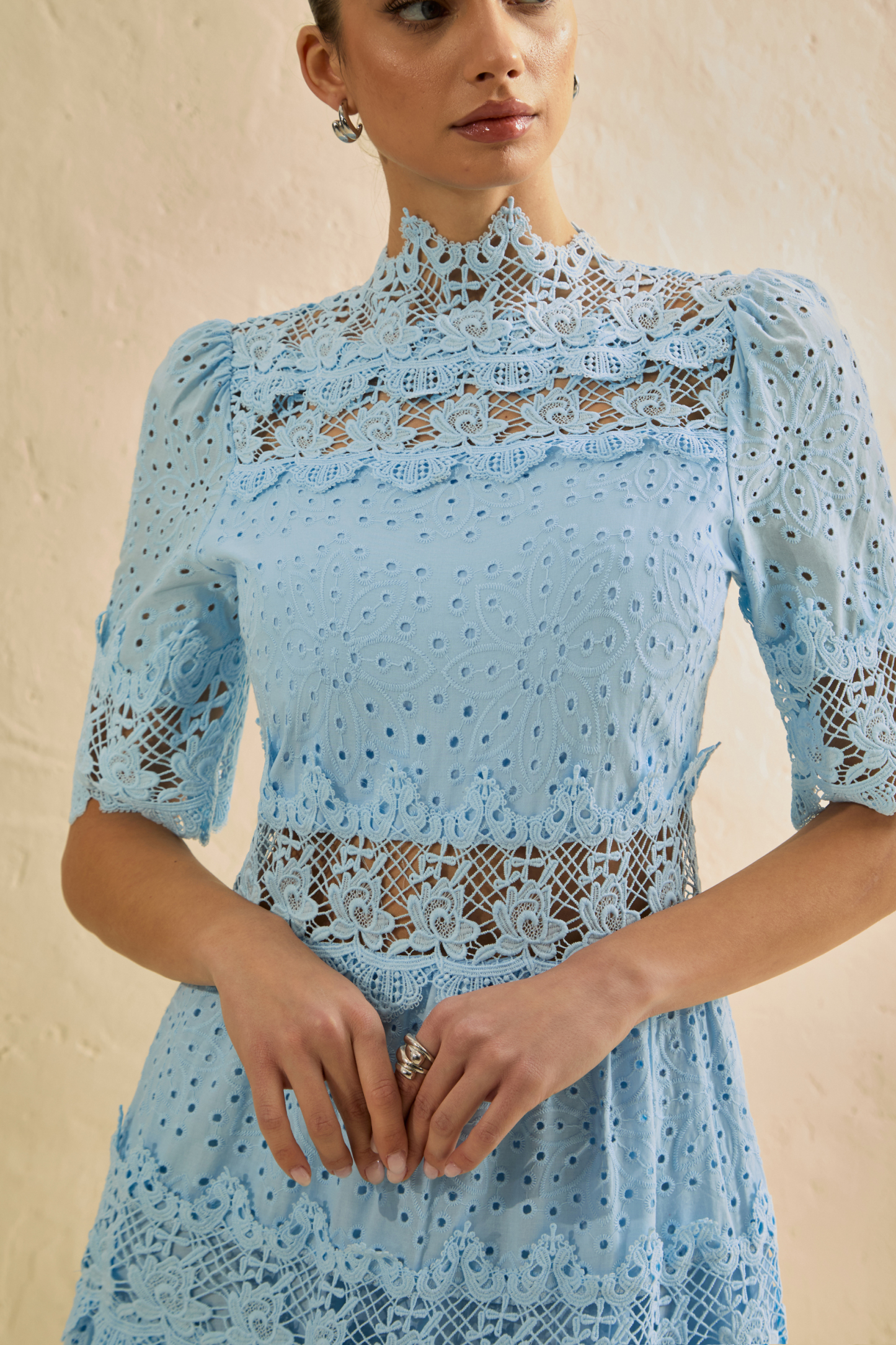 Charming Event Blue Eyelet Lace Tiered Maxi Dress