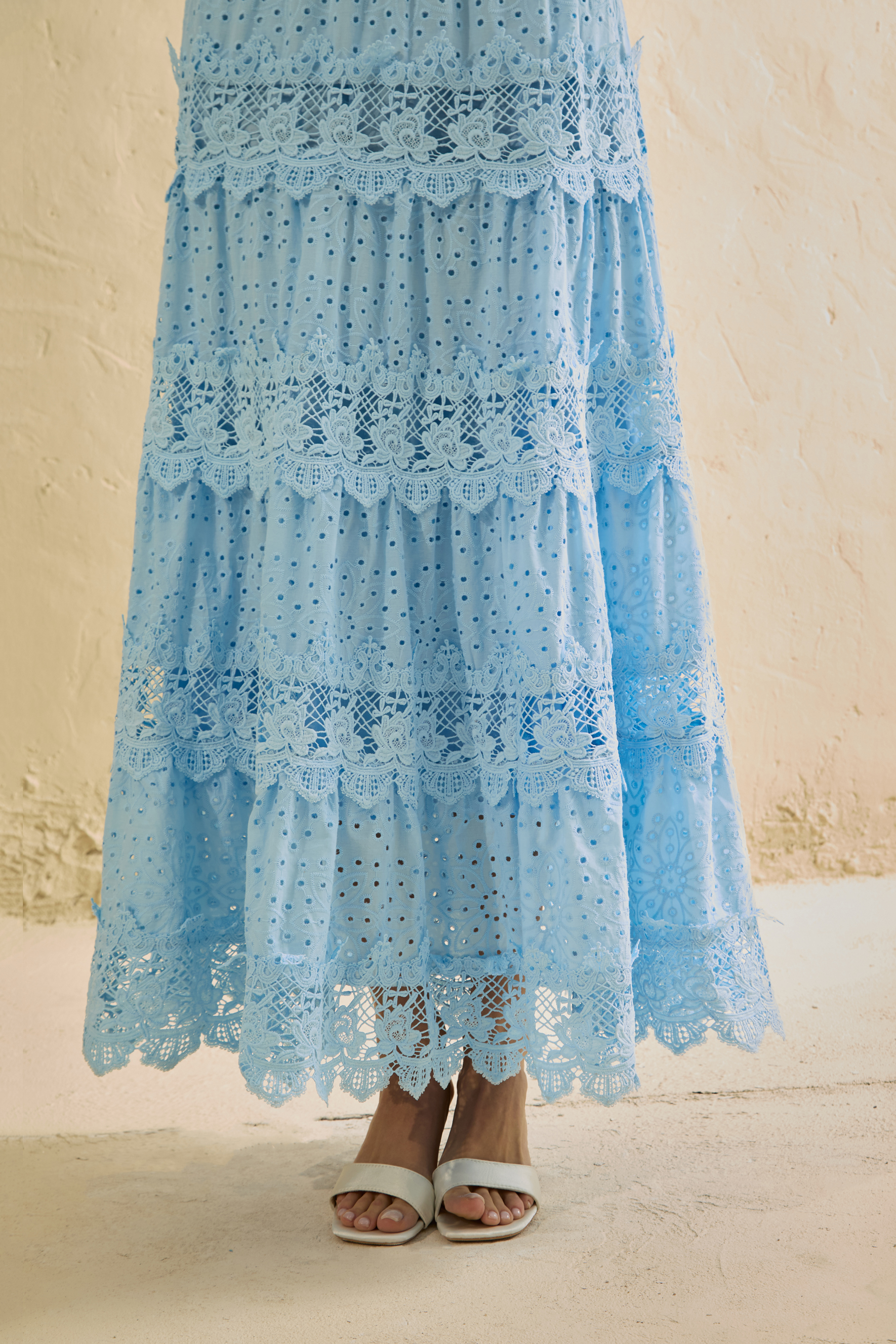 Charming Event Blue Eyelet Lace Tiered Maxi Dress