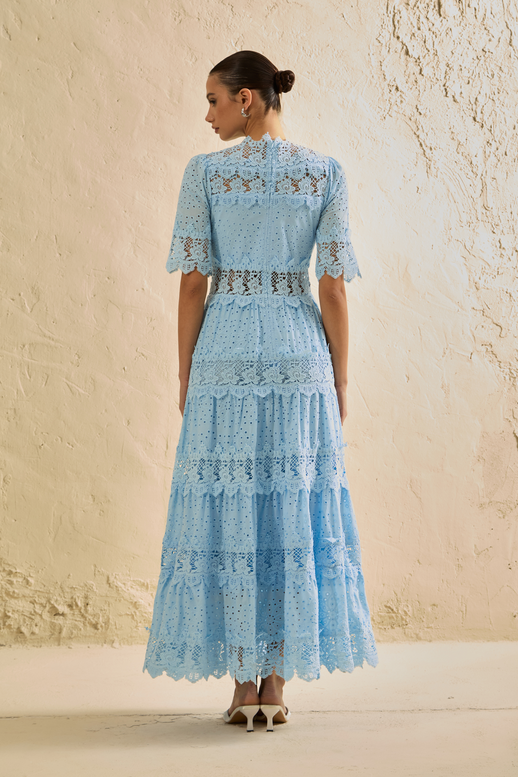 Charming Event Blue Eyelet Lace Tiered Maxi Dress