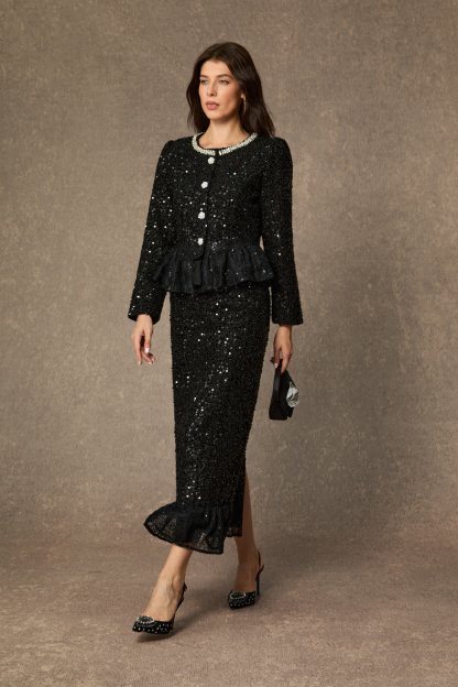 Chic And Sophisticated Black Diamond Embellished Ruffled Skirt Set