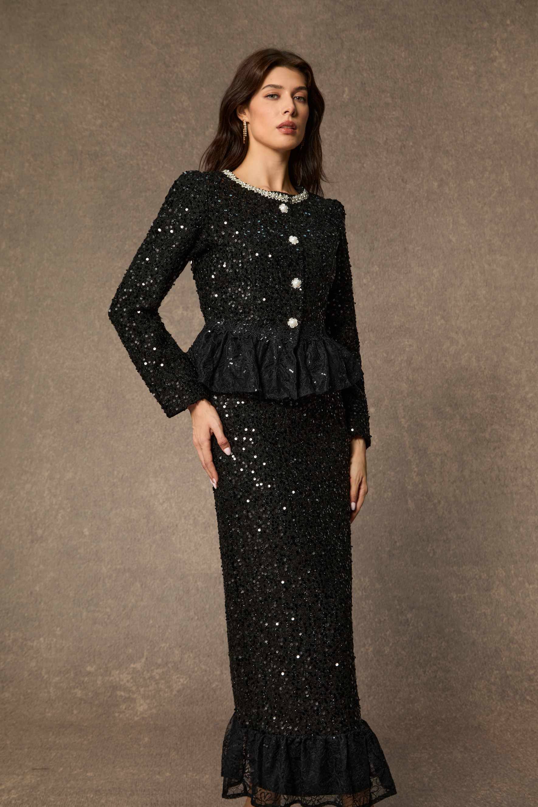 Chic And Sophisticated Black Diamond Embellished Ruffled Skirt Set