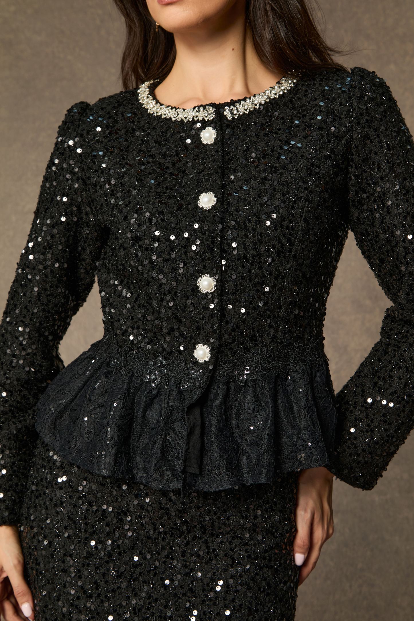 Chic And Sophisticated Black Diamond Embellished Ruffled Skirt Set