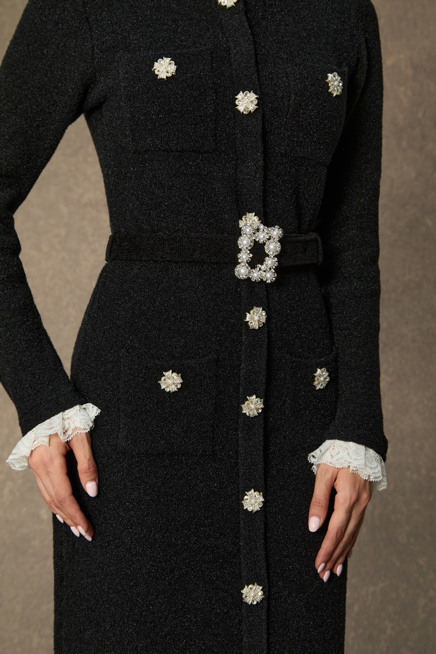 Classic Poise Black Ruffle Trim Knit Midi Dress