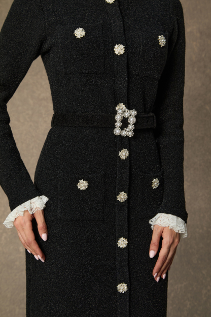 Classic Poise Black Ruffle Trim Knit Midi Dress