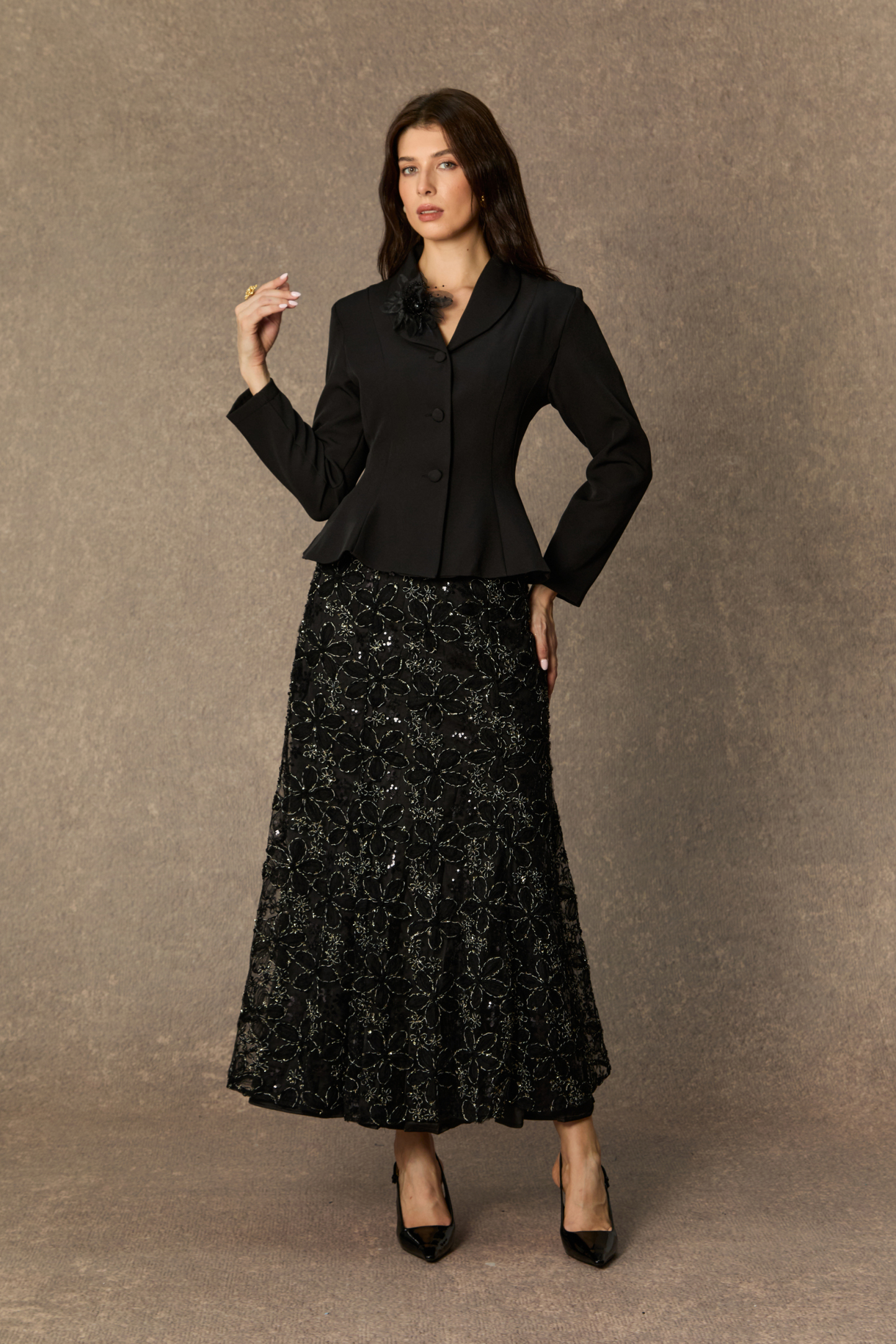 Compelling Style Black Flare Hem Jacket & Floral Embroidery Skirt Set