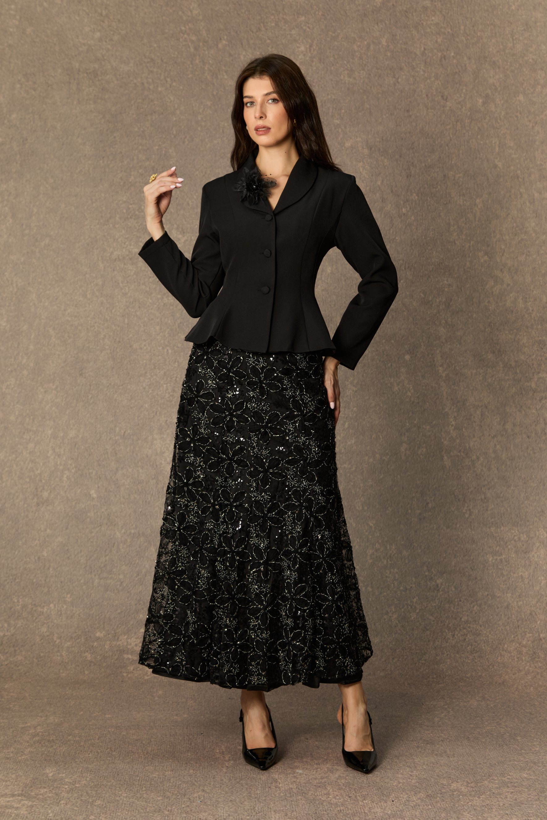Compelling Style Black Flare Hem Jacket & Floral Embroidery Skirt Set