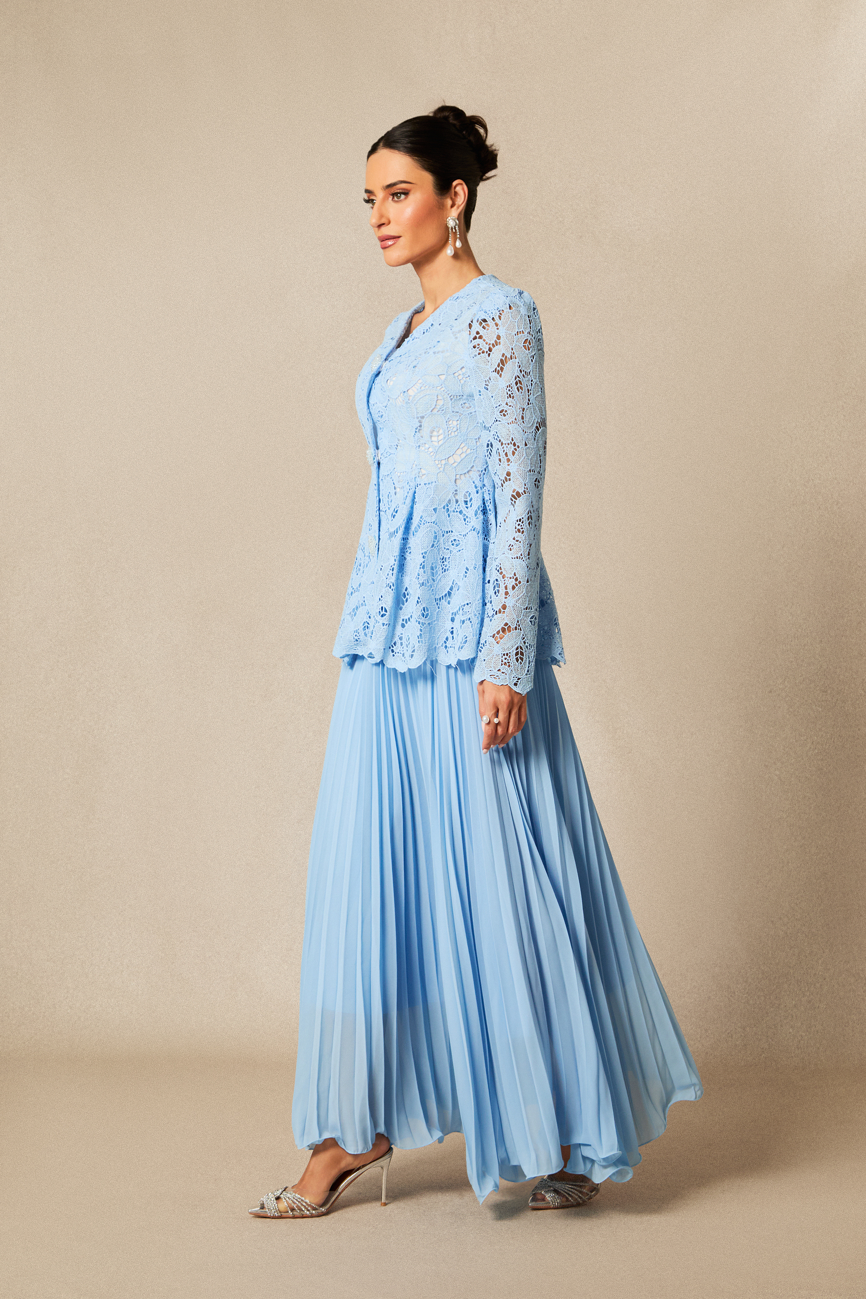 Ariella Floral Embroidered Lace Top & Pleated Maxi Skirt Set