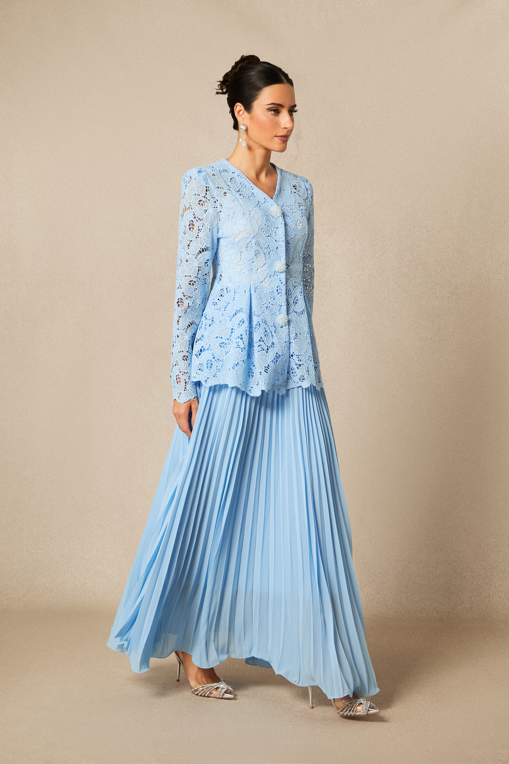 Ariella Floral Embroidered Lace Top & Pleated Maxi Skirt Set