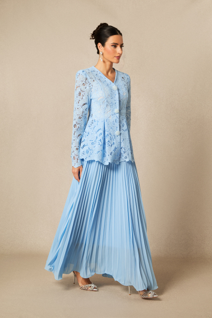 Ariella Floral Embroidered Lace Top & Pleated Maxi Skirt Set