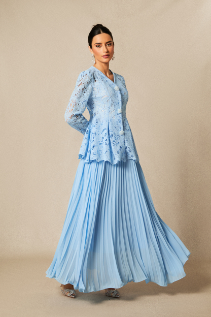 Ariella Floral Embroidered Lace Top & Pleated Maxi Skirt Set