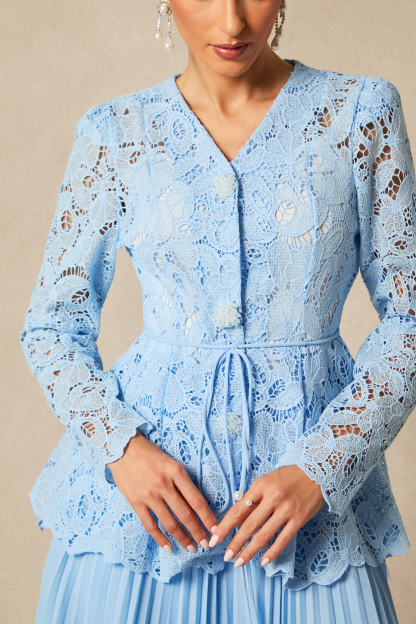 Ariella Floral Embroidered Lace Top & Pleated Maxi Skirt Set