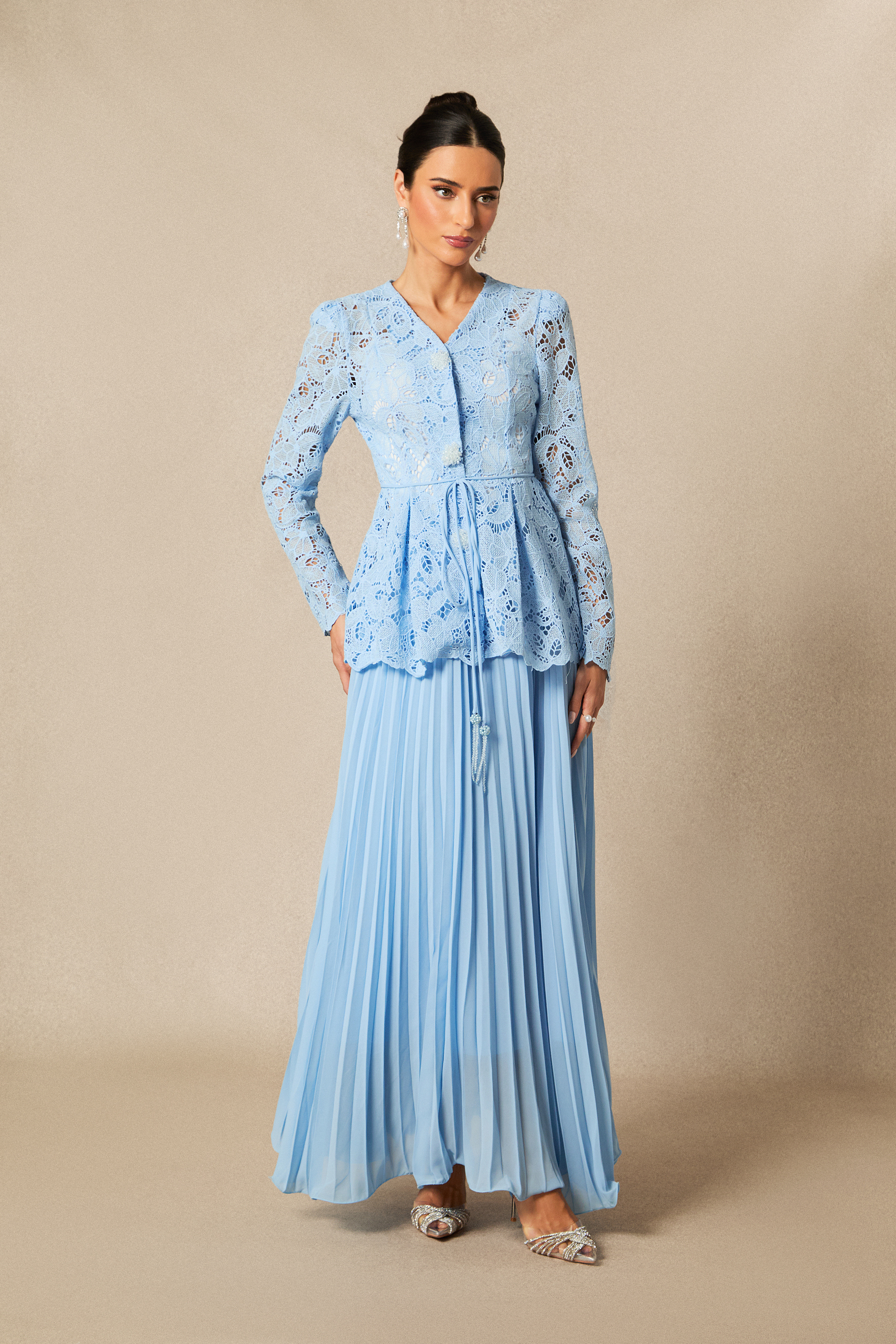 Ariella Floral Embroidered Lace Top & Pleated Maxi Skirt Set