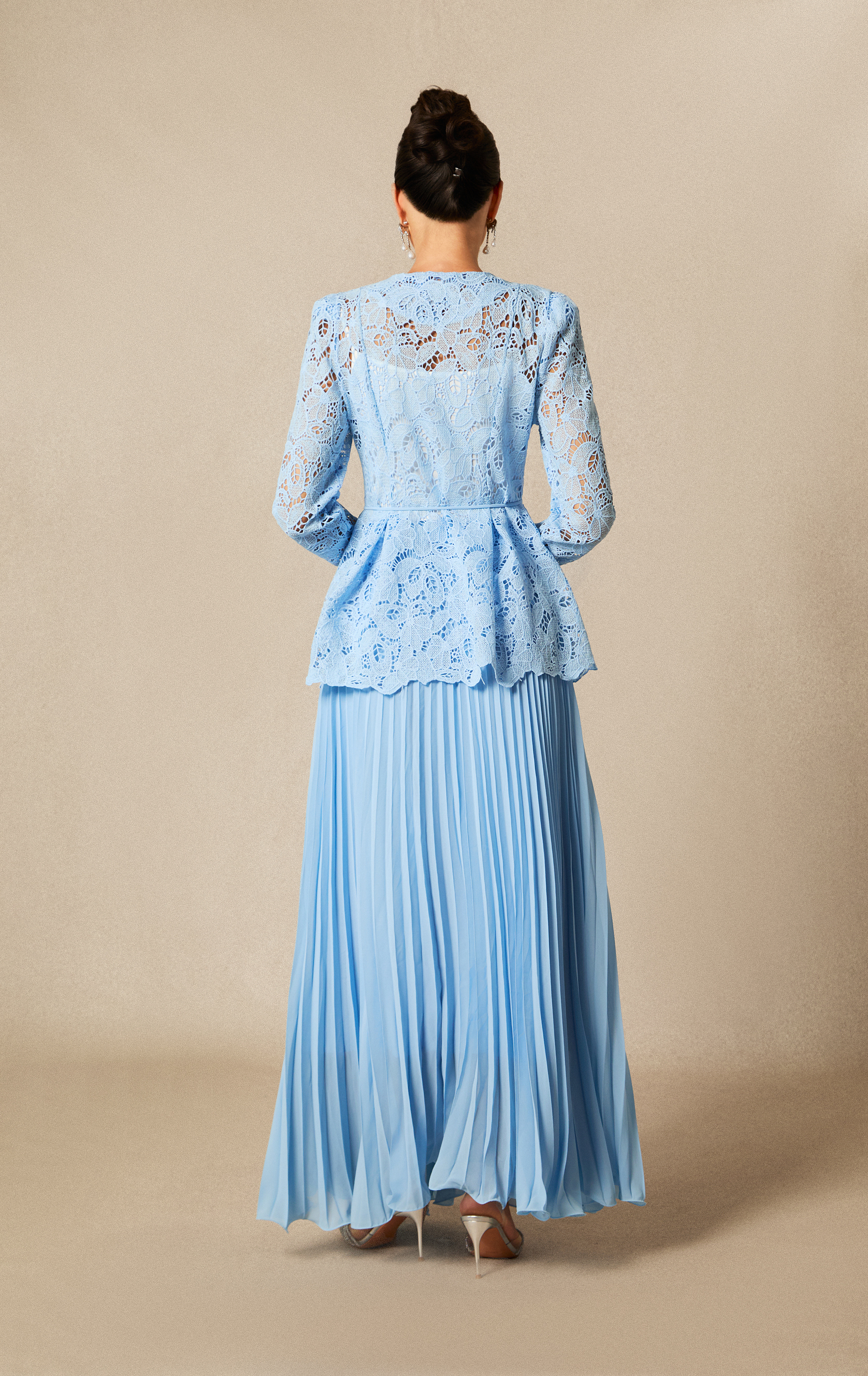 Ariella Floral Embroidered Lace Top & Pleated Maxi Skirt Set