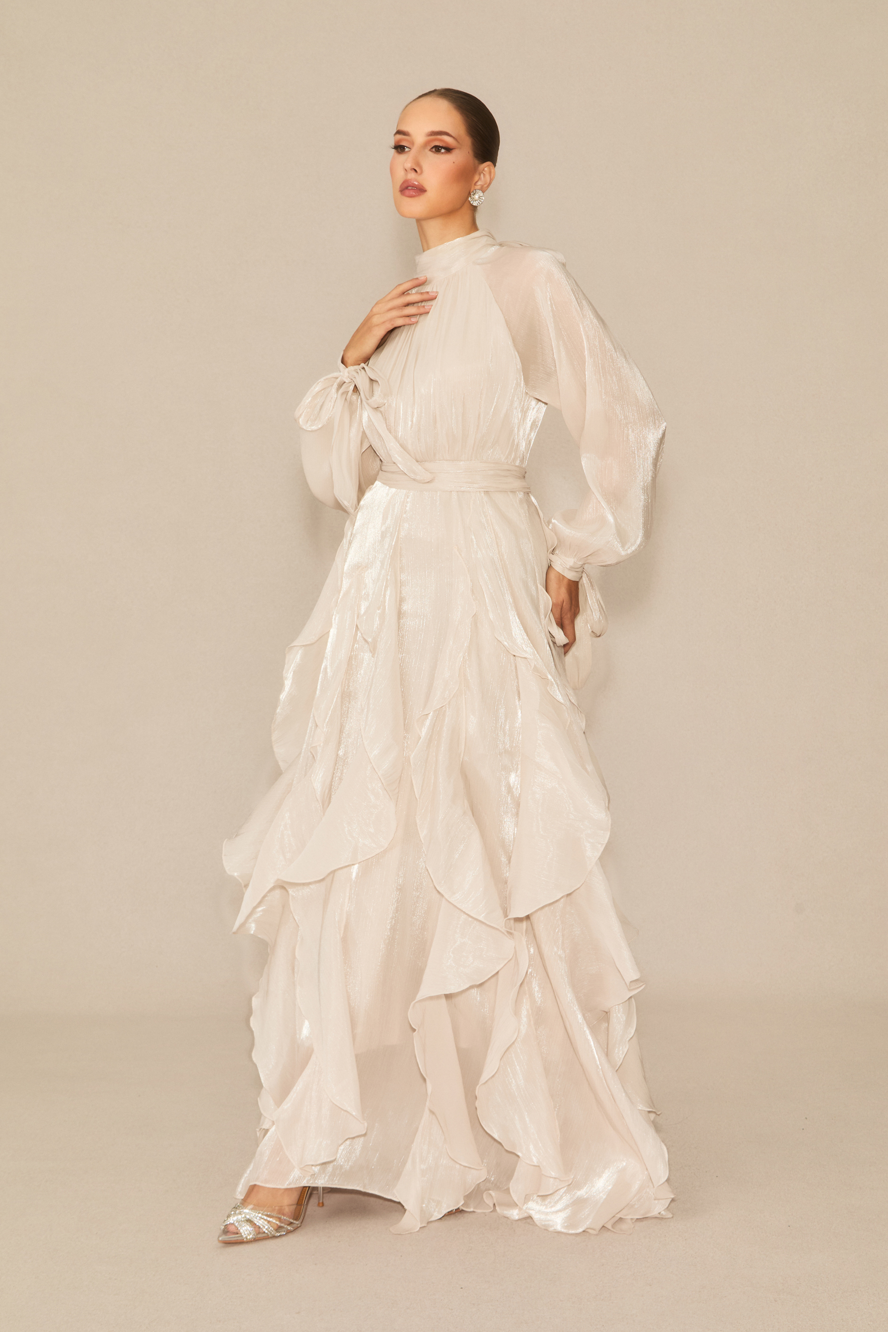 Estella Puff Sleeve Ruffle Trim Maxi Dress