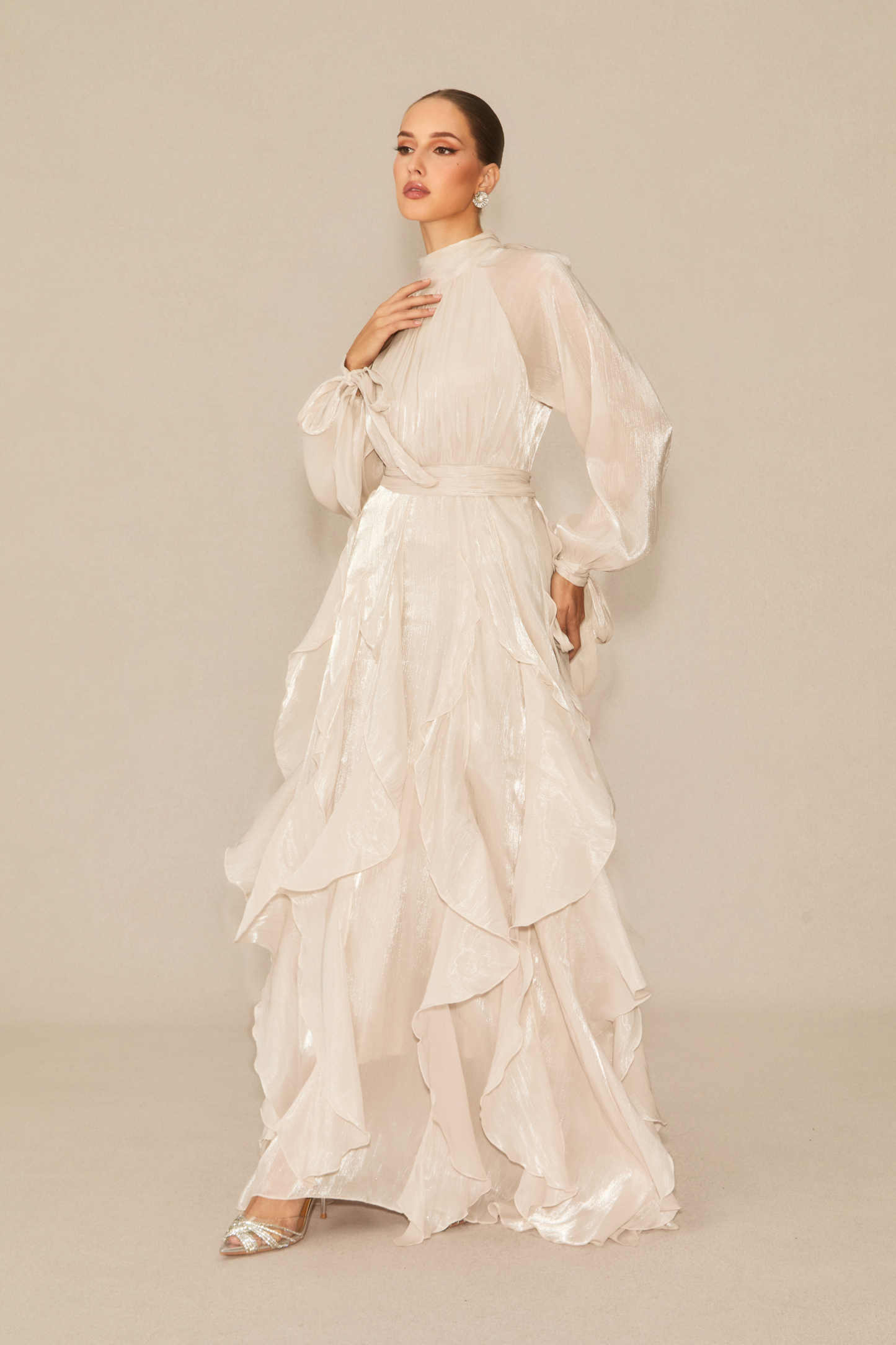 Estella Puff Sleeve Ruffle Trim Maxi Dress