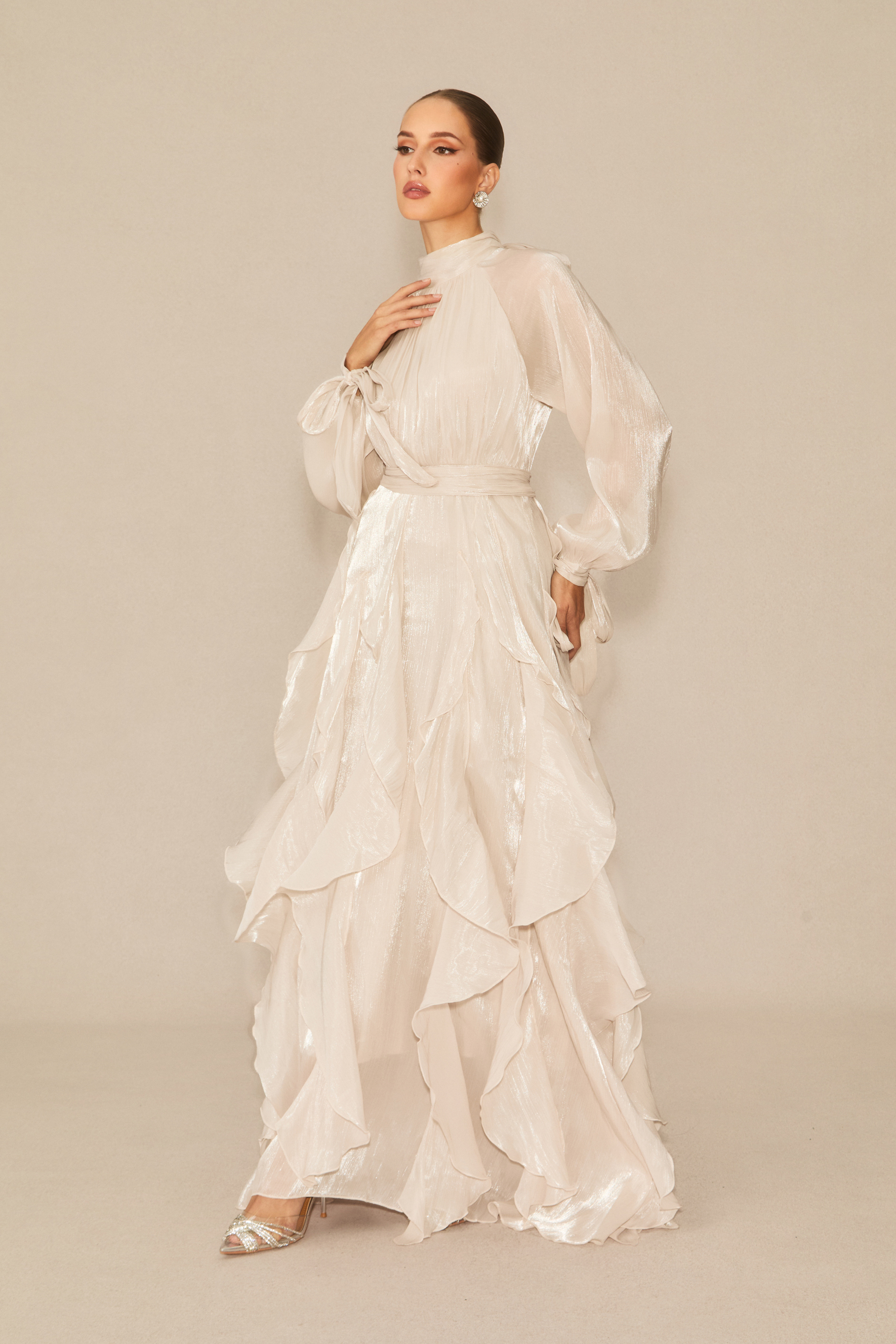 Estella Puff Sleeve Ruffle Trim Maxi Dress