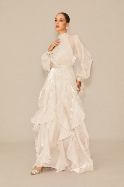 Estella Puff Sleeve Ruffle Trim Maxi Dress