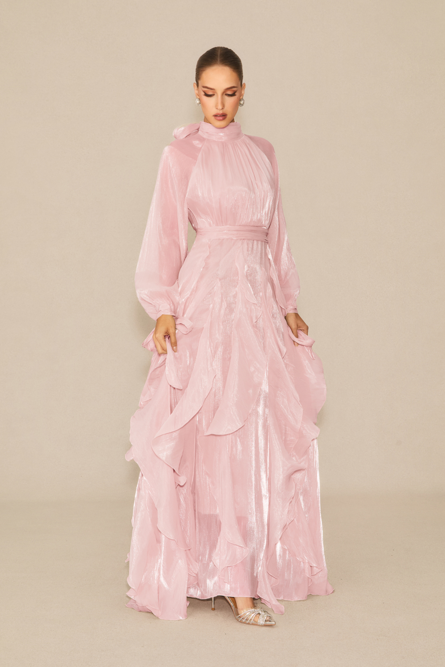 Estella Puff Sleeve Ruffle Trim Maxi Dress