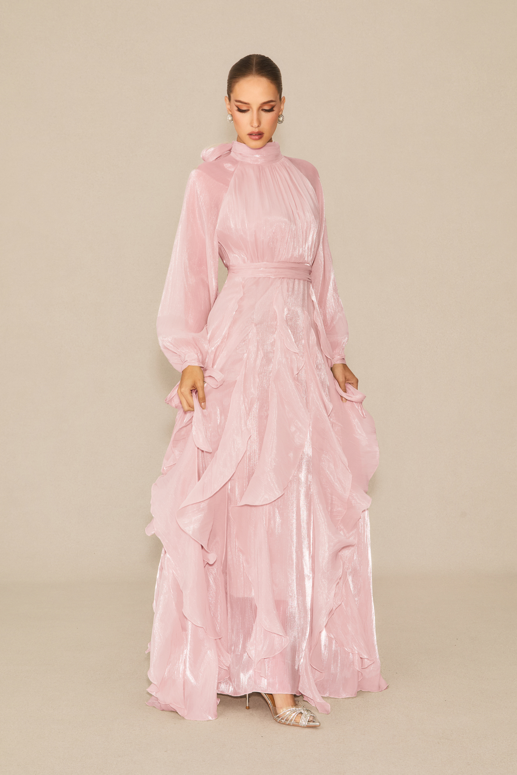 Estella Puff Sleeve Ruffle Trim Maxi Dress