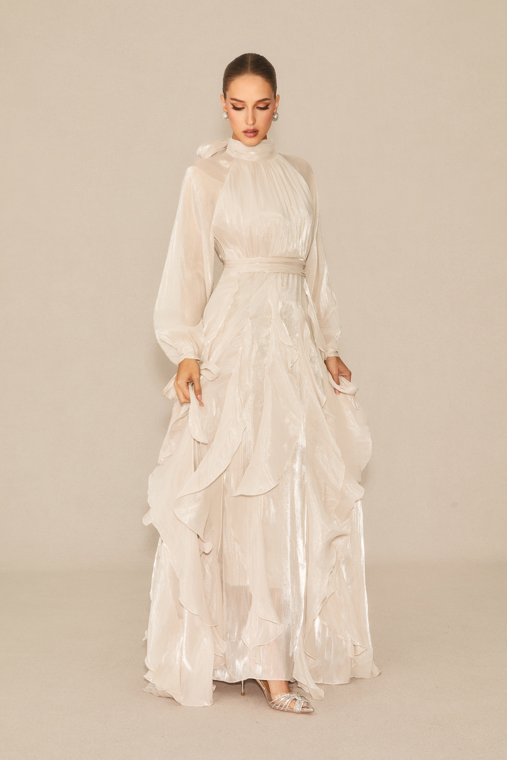 Estella Puff Sleeve Ruffle Trim Maxi Dress