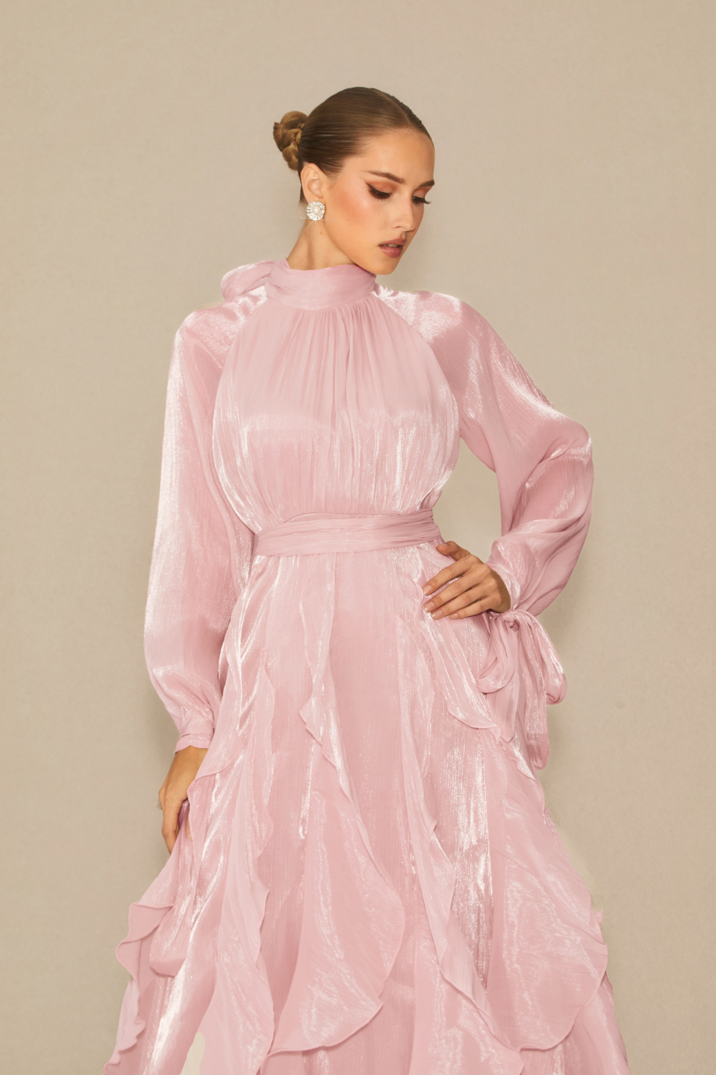 Estella Puff Sleeve Ruffle Trim Maxi Dress
